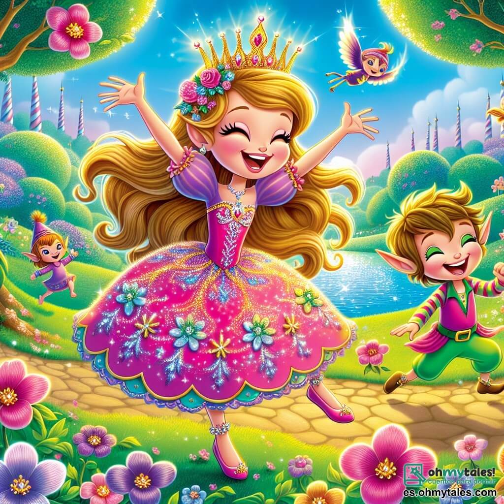 La princesa Sofía, una niña de unos 10 años, tiene largos cabellos dorados que brillan al sol. Lleva un vestido colorido en rosa y violeta, adornado con motivos de flores brillantes. Su rostro se ilumina con una gran sonrisa, mostrando su alegría y entusiasmo mientras baila con energía en medio de un grupo de pequeños pájaros cantores. A su lado, Pipo, un duende travieso de unos 8 años, tiene orejas puntiagudas y cabello desordenado. Lleva un pantalón verde brillante y una camisa a rayas, y salta de alegría con los brazos en alto, con su gorra mágica en la cabeza. La escena transcurre en una hermosa pradera del reino encantado, rodeada de árboles de caramelo y flores multicolores que brillan bajo la luz del sol. A lo lejos, un lago cristalino refleja el cielo azul, añadiendo magia al lugar. La situación principal muestra a Sofía y Pipo bailando alegremente con los pájaros, celebrando la recuperación de la gorra mágica de Pipo, llenos de risas y felicidad, mientras burbujas de jabón flotan a su alrededor, creando una atmósfera festiva y encantada.