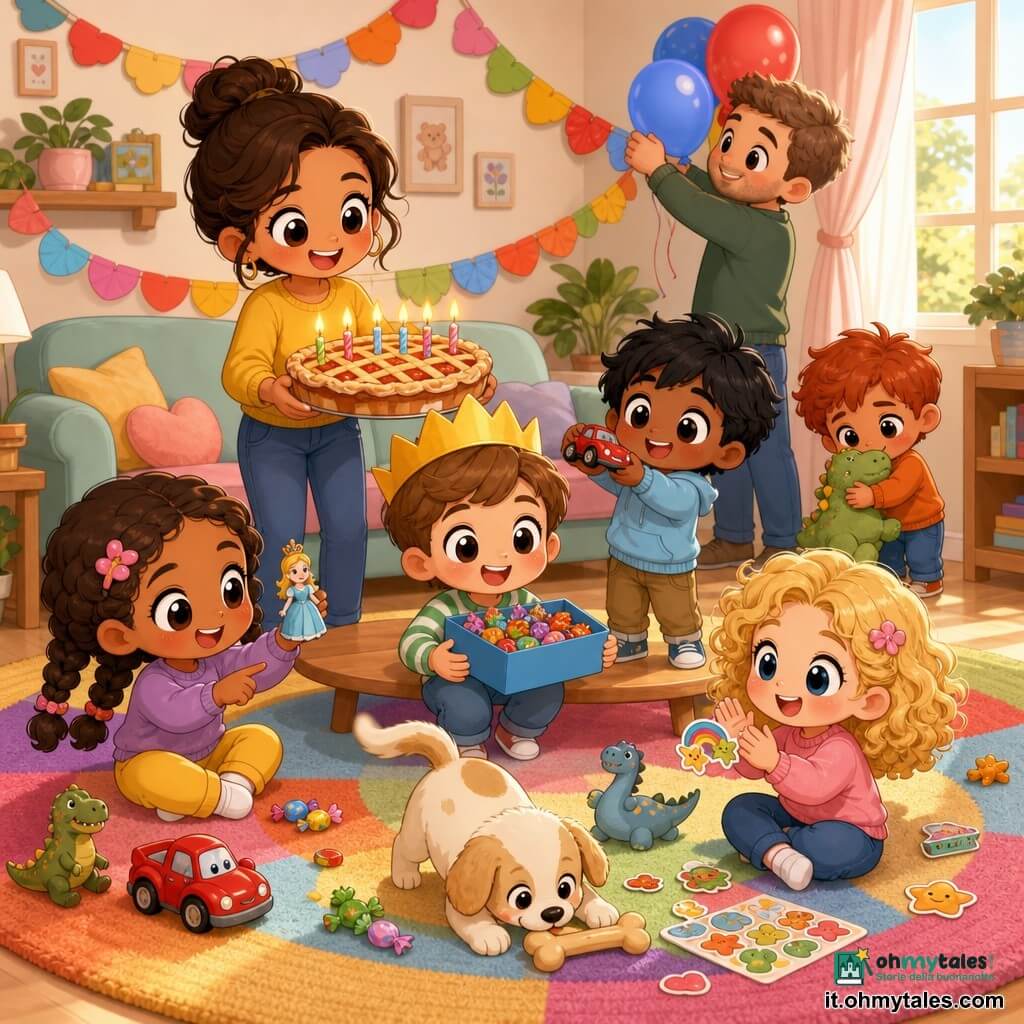 Bambini in festa su un grande tappeto multicolore: un bimbo di 4 anni dai capelli castano chiaro corti con corona di carta gialla sorride tenendo una scatolina blu di caramelle; Sara, ~5 anni con treccia castana, sorride mostrando una piccola statuina; Leo, ~4–5 anni con capelli neri scompigliati, mostra una macchinina rossa; Giulia, ~5 anni con capelli biondo ricci, applaude tenendo uno sticker; Paolo, ~3 anni rosso e timido, abbraccia un peluche; la mamma trentenne con capelli raccolti porta una torta con candeline accese; il papà ~32 anni prepara palloncini e festoni; la cagnolina Pina bianca a macchie beige annusa un ossetto giocattolo; atmosfera luminosa, calda e gioiosa di caccia alle sorprese con giochi e caramelle condivisi.