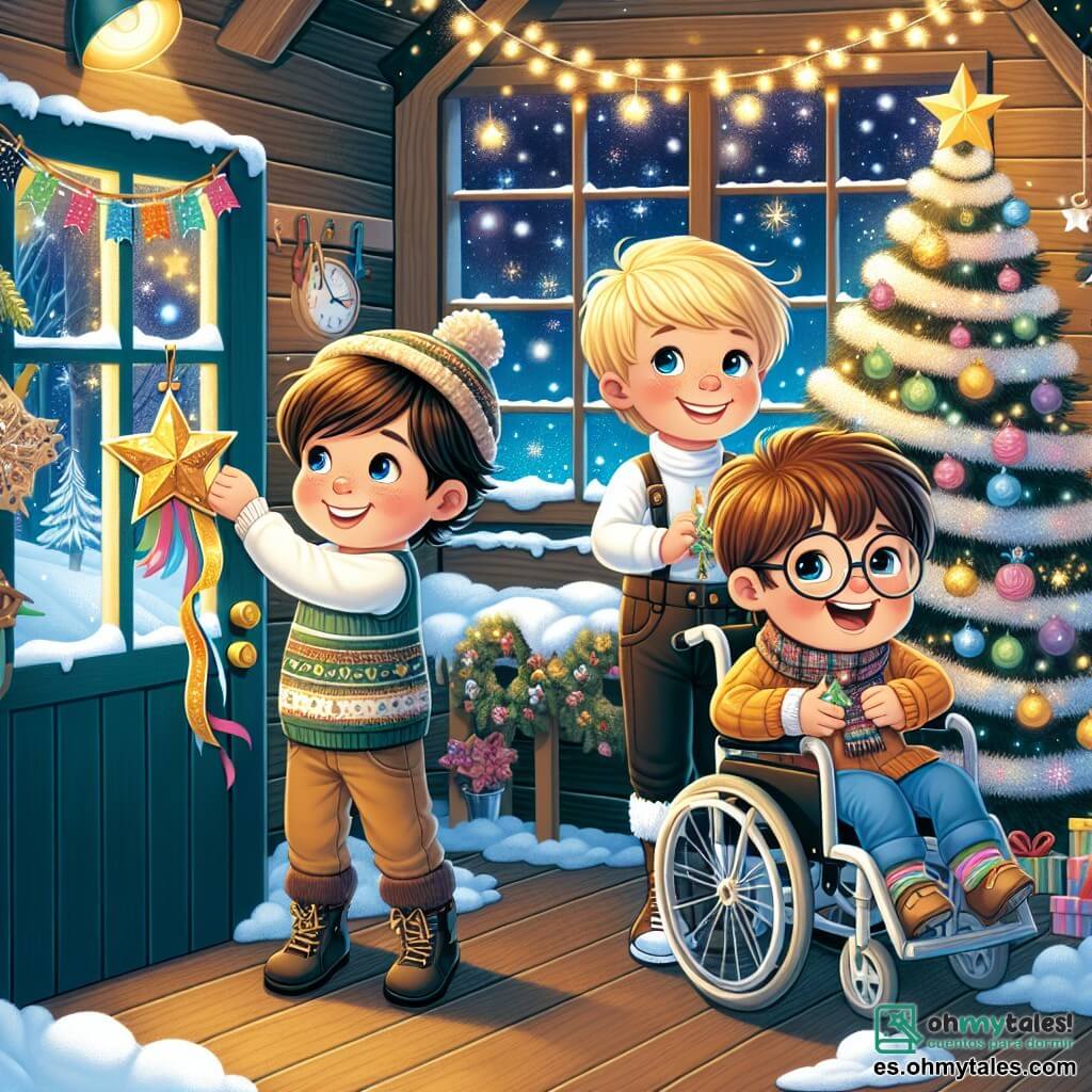 Tres amigos están juntos en una cabaña de madera acogedora, decorada con guirnaldas coloridas y luces brillantes. A la izquierda, Tomás, un niño de 8 años con cabello castaño desordenado y una gran sonrisa, cuelga una estrella dorada en la puerta. En el centro, Martín, un niño de 9 años con cabello rubio y ojos chispeantes, sostiene una guirnalda de papel colorido, listo para colgarla del techo. A la derecha, Lucas, un niño de 8 años con cabello castaño y gafas, está sentado en su silla de ruedas, riendo alegremente mientras sostiene una estrella de papel en sus manos. La cabaña está rodeada de nieve brillante, con copos de nieve cayendo suavemente afuera, creando una atmósfera mágica. A través de las ventanas, se pueden ver luces brillantes y sombras danzantes, mientras un gran árbol de Navidad decorado se erige en una esquina, añadiendo a la magia de la escena. Los amigos están preparando una gran fiesta de Año Nuevo, llenos de emoción y alegría, listos para descubrir un mensaje misterioso que los llevará a una aventura mágica bajo las estrellas.