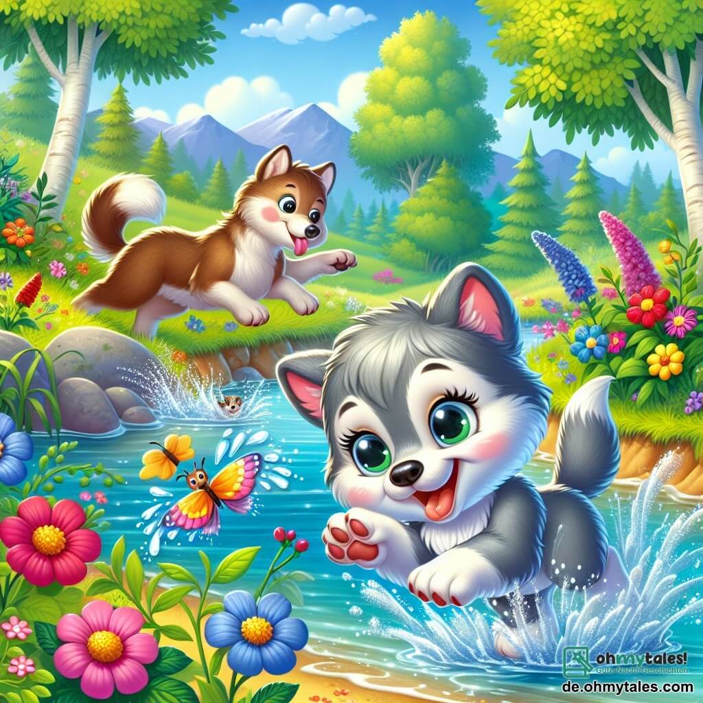 Ein kleiner Wolf mit grauem, weichem Fell und großen, strahlenden Augen springt in einen klaren Bach und spritzt glitzernde Tropfen um sich. In der Nähe lächelt eine Mutterwolf mit braunem Fell und wohlwollenden Augen, während sie bunte Blumen am Ufer pflückt, ihr Gesicht strahlt vor Glück. Es ist ein schöner Sommertag in der Natur, mit einem funkelnden Bach, leuchtend bunten Wildblumen und grünen Bäumen, die im Wind tanzen. Die Hauptszene zeigt den kleinen Wolf, der Spaß beim Tauchen hat, während seine Mama einen friedlichen Moment in der Natur genießt, was eine Atmosphäre von Freude und Verbundenheit schafft.