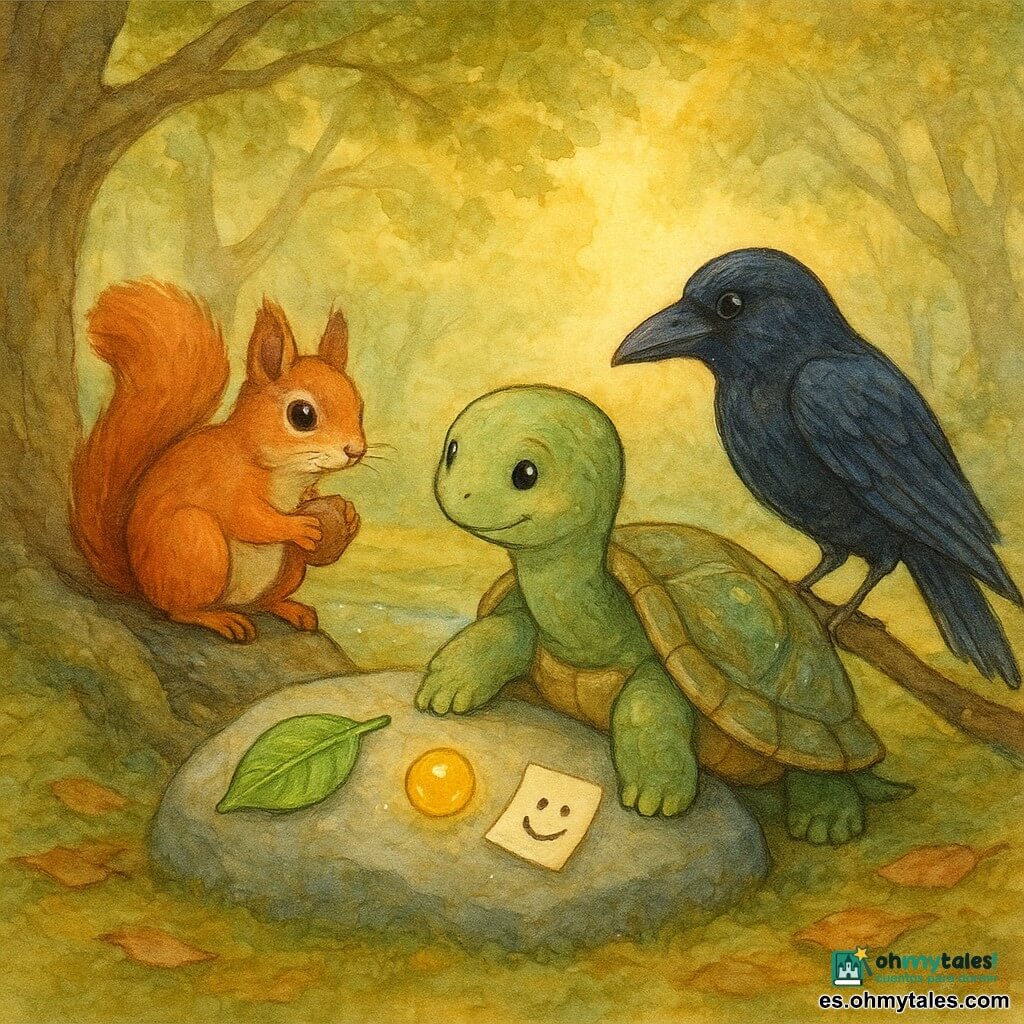 Tortuga Lila, protagonista: tortuga lenta y serena, caparazón redondeado nacarado con reflejos verdes y marrones, ojos suaves, sentada junto a una piedra con la pata sobre su caparazón; Ardilla: pequeño roedor rojizo, pelaje esponjoso, ojos vivos e inquietos, sujeta una avellana, de pie a la izquierda sobre las raíces de un roble; Cuervo: ave negra con reflejos azulados, una ala ligeramente plegada, mirada tímida y agradecida, posado en una rama baja a la derecha inclinando la cabeza hacia Lila; Sobre el caparazón de Lila hay tres objetos: una hoja verde brillante, una pequeña pepita dorada que emite un leve resplandor y un trozo de papel con forma de sonrisa; Lugar: claro en el bosque con suelo de musgo y hojas otoñales, una roca señalada y un estrecho arroyo brillante al fondo, luz cálida de mañana filtrándose entre las ramas; Situación: escena de mediación tranquila: Lila propone compartir las avellanas, los animales la escuchan alrededor de la piedra, expresión de paz y ayuda mutua, composición centrada en la tortuga con los otros en semicírculo, paleta suave tipo acuarela con realces blancos.