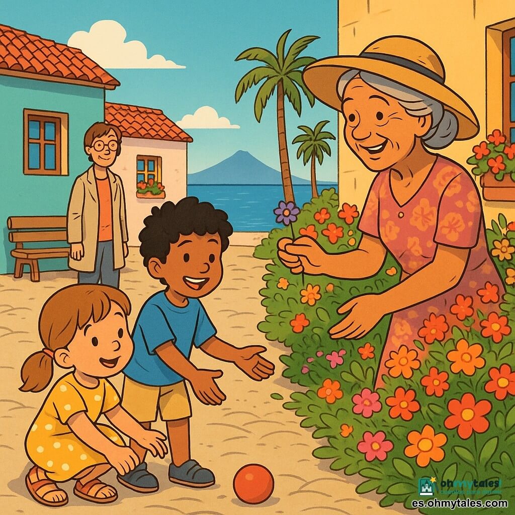 Niña de 6 años, Lucía: rostro redondo, coletas castaño claro, sonrisa tímida y ojos brillantes, vestido amarillo de lunares blancos y sandalias, arrodillada recogiendo una pequeña pelota roja; niño de unos 7 años, Diego: rizos negros, camiseta azul y pantalón corto beige, alegre, de pie junto a Lucía ofreciendo la mano; señora de ~70 años: piel bronceada, cabello gris en moño, gran sombrero de paja y vestido floreado, sonriente en el borde de un jardín florido, tendiendo una pequeña flor violeta y devolviendo la pelota; madre de Lucía (~35 años): pelo corto, gafas finas y abrigo ligero, al fondo junto a un banco observando con benevolencia; plaza costera con casas bajas de colores vivos (turquesa, rosa pálido, ocre), geranios rojos en las ventanas, palmeras, adoquines irregulares, océano azul y silueta del Teide en el horizonte; escena tras jugar con la pelota: la bola roja rodó al jardín y la señora, en un gesto de perdón y amabilidad, la devuelve y ofrece una flor; estilo gráfico: trazos limpios, colores cálidos y saturados, sombras suaves, composición clara y legible para niños de 6 años.