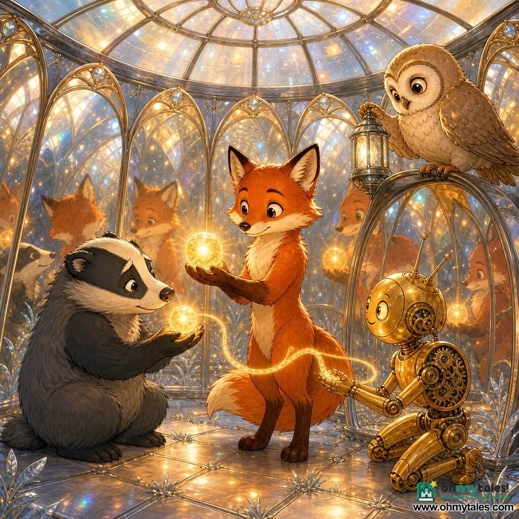 Main character: a small anthropomorphic fox with copper-red fur and a long shiny tail, a gentle face and curious eyes, confident and kind, holding a golden light-pearl that emits a warm glow. Secondary characters: a young round owl with nacreous feathers and calm attentive eyes perched on a mirror edge to the fox’s right, adjusting a tiny silver lantern; a stocky dark-gray badger with a worried but soothed expression crouched to the left receiving a small luminous sphere on its paws; a small golden automaton with thin antennae and visible gears, smiling and kneeling as it extends a woven thread of light. Setting: a glass rotunda with curved walls of mirror panes like petals, a sparkling glass dome, pale stone slab floor with silver grass between the stones, diffuse glow and multiple reflections creating colored halos. Scene: warm peaceful moment where the animals pass small light pearls, ribbons of woven light linking hands and paws, mirrors multiplying faces and amplifying an atmosphere of sharing and balance, warm palette of gold, copper and amber with metallic and bluish accents.