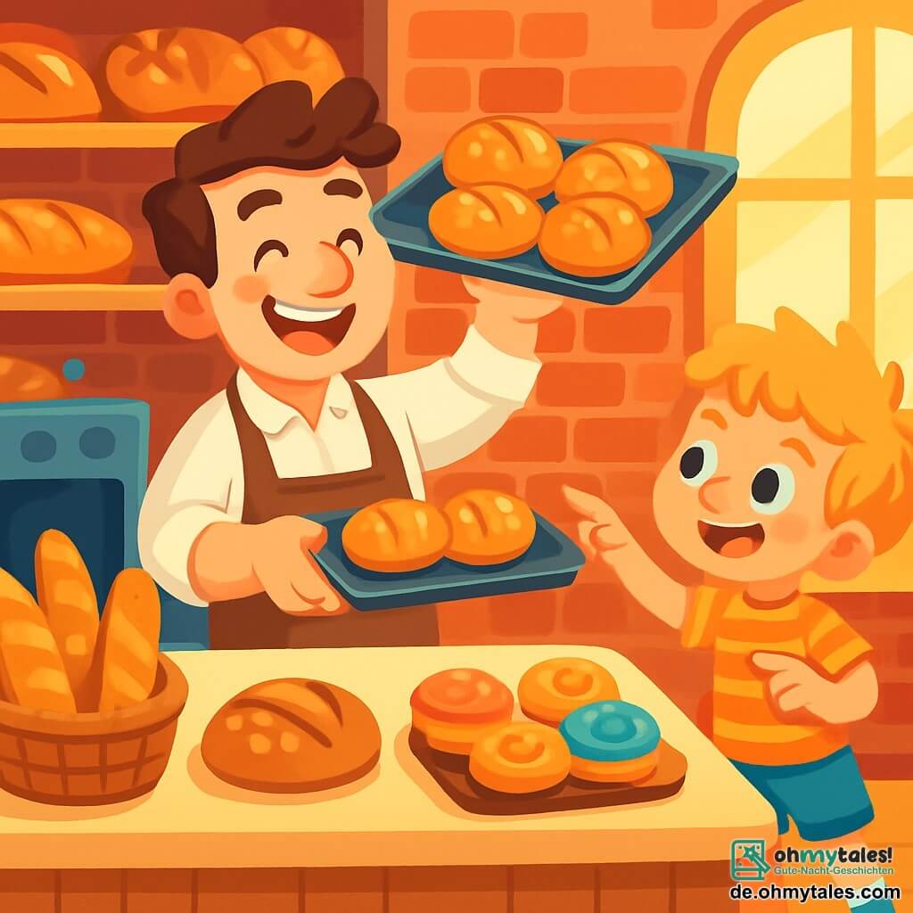 Ein fröhlicher Mann mit einem breiten Lächeln und rosigen Wangen steht hinter der Theke einer Bäckerei. Er trägt einen weißen Kittel und eine Stoffschürze, seine braunen Haare sind leicht zerzaust. Er holt mit Begeisterung ein Tablett mit goldbraunen Brötchen aus dem Ofen, die Arme erhoben. Neben ihm steht ein 7-jähriger Junge mit funkelnden Augen und zerzausten blonden Haaren, der die Brötchen staunend betrachtet. Er trägt ein gestreiftes T-Shirt und eine blaue Shorts und steht auf den Zehenspitzen, um besser sehen zu können. Die Bäckerei ist einladend, mit roten Backsteinwänden und Holzregalen voller knuspriger Brote und bunter Gebäckstücke. Sonnenstrahlen filtern durch die großen Fenster und tauchen den Raum in goldenes Licht. Die Szene zeigt den Mann und den Jungen, die einen Moment der Freude teilen, der Junge lacht und zeigt auf ein Brötchen, während der Mann stolz lächelt.