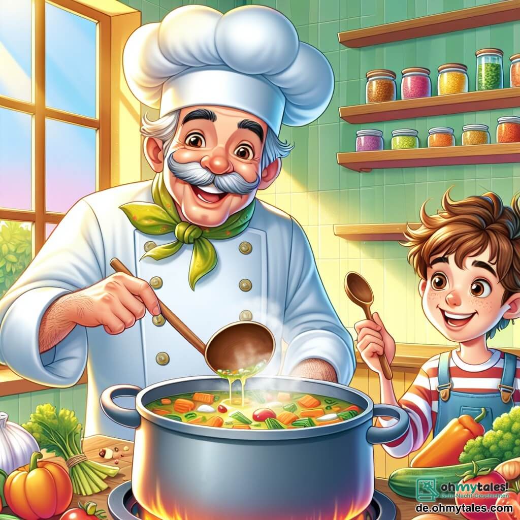 Ein jovialer Küchenchef, ein Mann in seinen Fünfzigern, trägt einen großen weißen Kochhut und eine bunte Schürze. Sein Gesicht ist lächelnd, mit funkelnden Augen und einem gut gestutzten Schnurrbart. Er rührt in einem großen Suppentopf, aus dem ein köstlicher Duft von frischem Gemüse aufsteigt. Neben ihm steht ein achtjähriger Junge namens Max mit zerzausten braunen Haaren und einer süßen roten Strähne. Er ist konzentriert, mit weit aufgerissenen Augen, und hält einen kleinen Holzlöffel in der Hand, bereit, die Suppe zu probieren. Max steht direkt neben dem Koch und schaut mit Staunen in den Topf. Die Szene spielt sich in einer hellen, einladenden Küche ab, mit pastellgelben Wänden, Regalen voller bunter Gewürzgläser und frischem Gemüse auf einer großen Holzarbeitsplatte. Sonnenlicht strömt durch die Fenster und beleuchtet den Raum warm. Die Hauptsituation zeigt den Küchenchef und Max, die gemeinsam eine bunte Gemüsesuppe zubereiten, während eine fröhliche und freundliche Atmosphäre in der Küche herrscht.