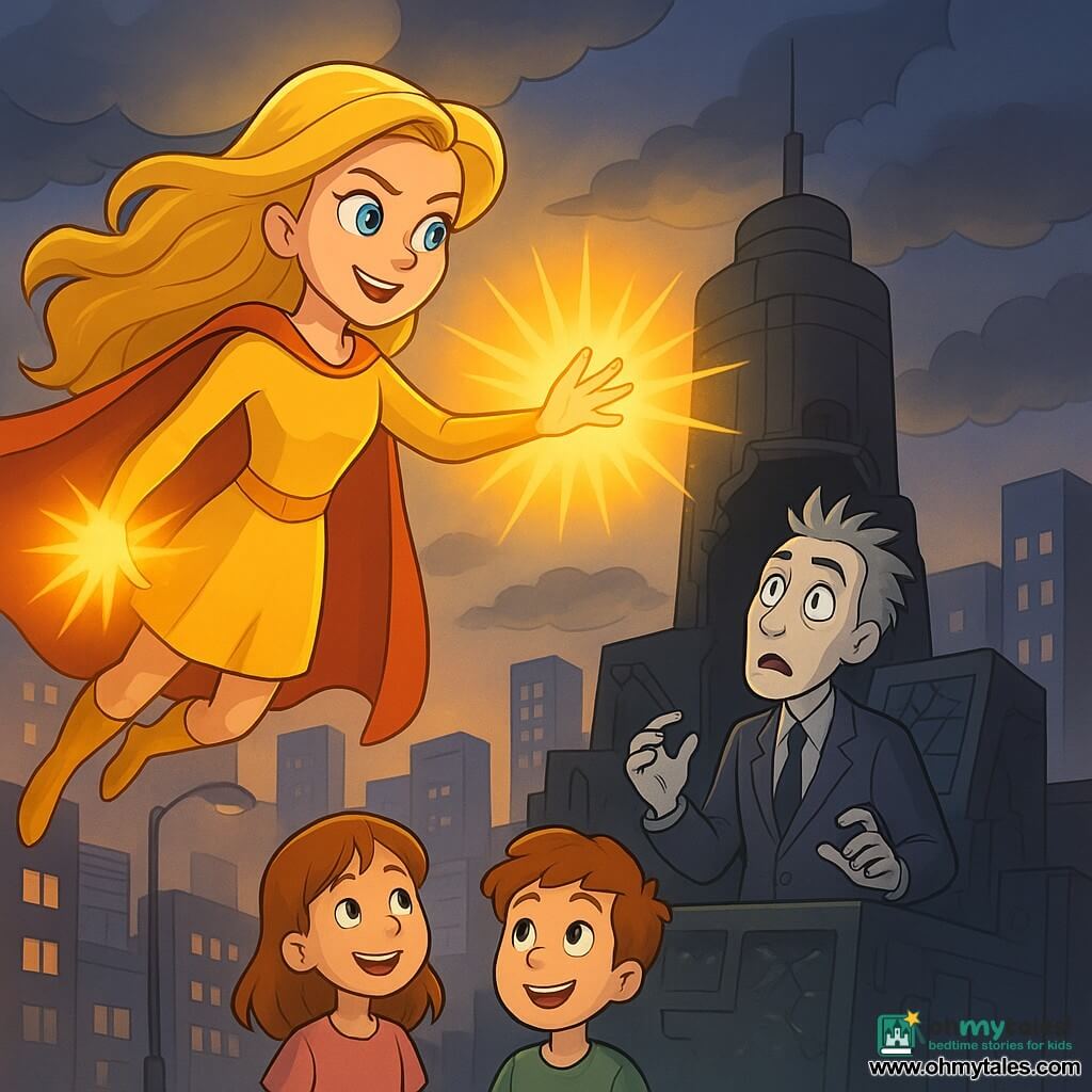 A young adult heroine with long golden-blond hair and sparkling blue eyes, determined and kind, floats in the sky emitting yellow-orange rays from her hands; behind her, Dr. Gloom, an adult man with a pale face and short gray brush-cut hair, looks surprised and sheepish as he sits before a broken control panel in the dark tower; in the foreground two children watch in wonder from the street below, smiling as nearby streetlights go out; the scene is a modern city at dusk with skyscraper roofs and a solar-paneled roof, dark clouds partly cleared by light beams; a luminous confrontation above the tower—the heroine releases a large soft golden burst that disperses the shadows around Dr. Gloom, creating a dynamic, heroic mood with warm colors contrasted against gray tones.