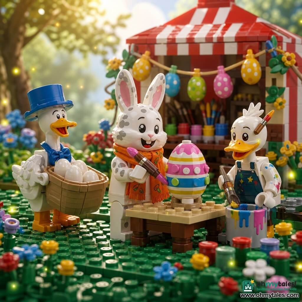 Pip the rabbit (main) is joyful and mischievous, ears upright, white fur speckled with gray, wearing an orange carrot-pattern scarf, holding a paintbrush loaded with pink paint, standing before a low brick table; the mayor goose (secondary) is hurried and jovial, bright white plumage, blue mayor’s hat, carrying a large basket of empty brick eggs to Pip’s left; a painter duck (secondary) is focused and content, bright yellow beak, paintbrush behind its ear and paint spots on its feathers, dipping its brush into a multicolored paint bucket to Pip’s right; the paint tent (setting) is colorful red-and-white striped bricks with many small paint pots, brushes, and strings of mini eggs, set on a green meadow with brick flowers and fireflies; main scene: Pip carefully paints a large brick egg with stripes and dots in soft morning light, festive colorful atmosphere, clear playful composition, close-up LEGO diorama with vivid colors and visible brick textures.