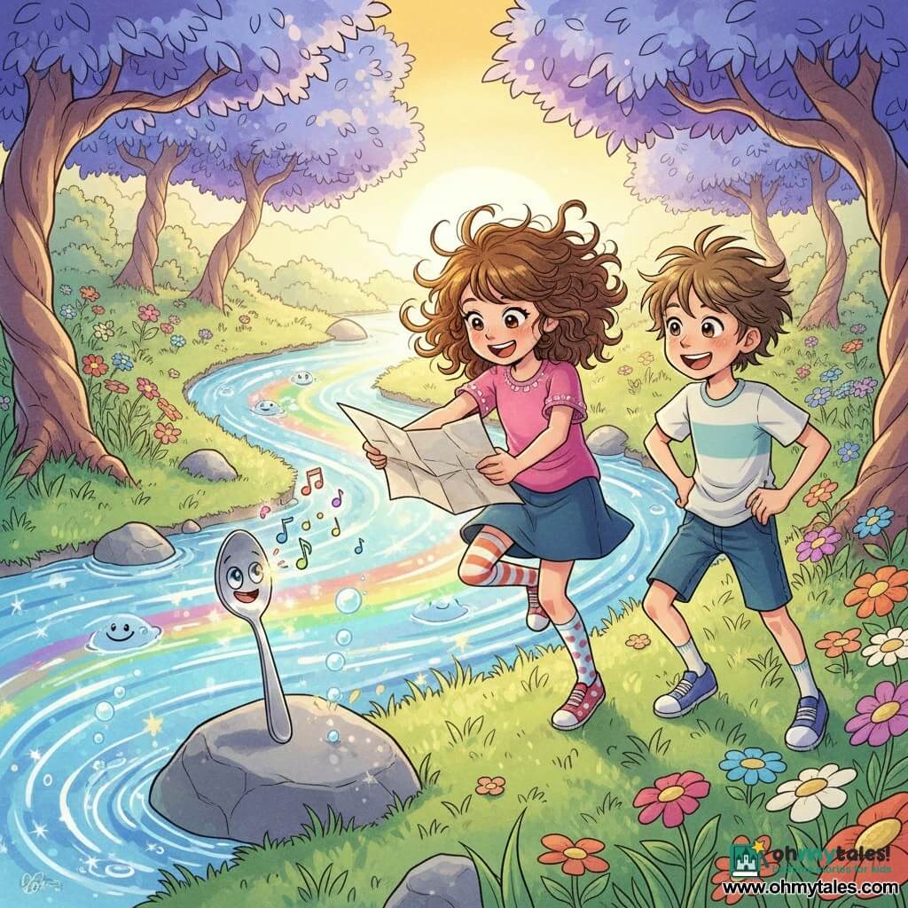 A radiant 12-year-old girl, Poppy, with bouncy curly brown hair and mismatched socks holding a crumpled map and reaching toward a shiny singing spoon; beside her a laughing 12-year-old boy, Benny, with short tousled hair and hands on his hips watching the spoon—Squeaky, a small silver spoon with bright eyes and a smiling mouth perched on a rock, emitting colorful musical notes; a wide clear river with rainbow-reflecting, smile-shaped waves and glowing bubbles, banks of swaying multicolored wildflowers, soft grass and candy-cane twisted tree trunks with bright purple and blue leaves; playful, exaggerated motion and dynamic lines, golden low sunlight, saturated contrasting colors, mid-shot with a slight bird’s-eye angle, expressive faces, round manga-youth style, soft textures and a vivid joyful palette.