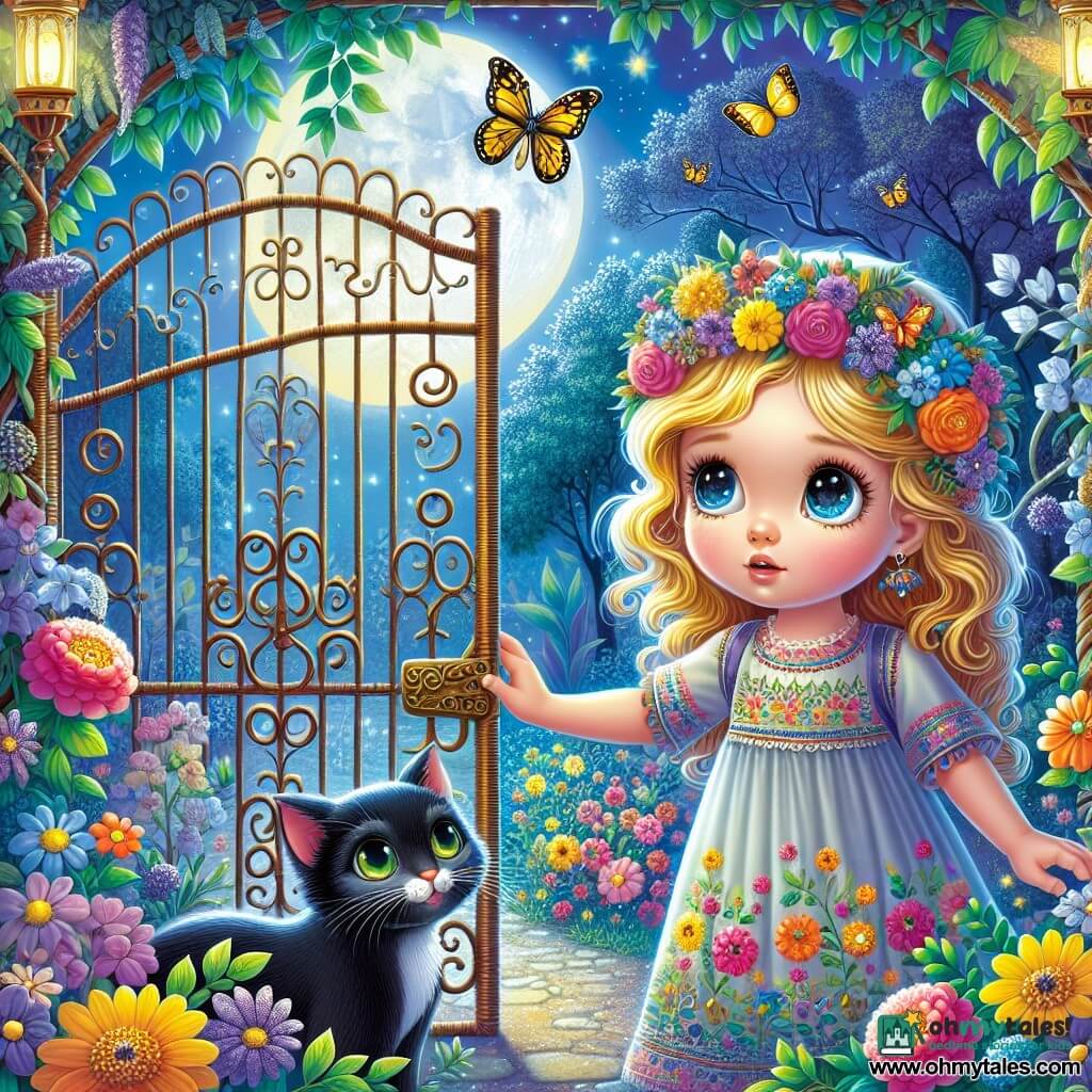 An 8-year-old girl, Lila, stands in front of a wicker gate, her eyes sparkling with wonder and her face illuminated by moonlight. She has golden hair cascading in curls around her shoulders and wears a light dress adorned with colorful floral patterns. Beside her, a mischievous black cat with sparkling green eyes curiously observes the scene, sitting slightly back as if waiting for Lila to make a decision. The setting is an enchanting garden bathed in soft moonlight, surrounded by vibrant flowers, shimmering butterflies, and silver-leaved trees, creating a magical and inviting atmosphere. Intrigued and a bit nervous, Lila reaches out towards the gate, ready to open it and discover what lies beyond. The scene conveys a sense of adventure and mystery, inviting viewers to imagine what could be on the other side.