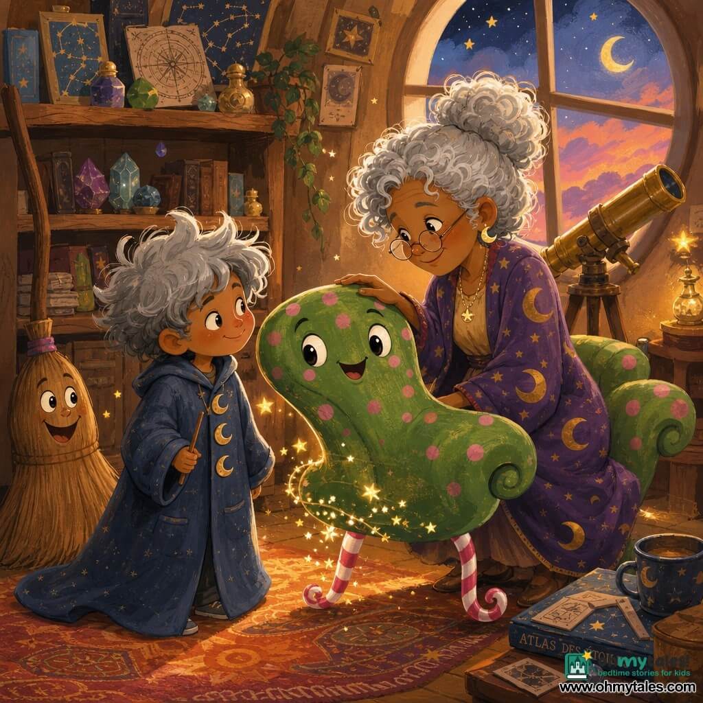Milo, a tender six-year-old apprentice wizard with messy gray-cloud hair and an oversized moon-button coat, holds a cinnamon wand and smiles at a chair; Madame Lune, a calm, kind ~60-year-old with silver curls and glasses on her nose, sits by the window stroking a green polka-dot enchanted chair that is lively and mischievous—green with pink dots, three candy-cane curved legs and starry sparkles, leaning toward Milo as if conversing; Benny the broom stands against a wall, smiling and ready to sweep. The warm astrology parlor has wooden shelves of star charts and shiny stones, a brass telescope by a round window, a worn warm rug and golden evening light. Main scene: a funny, tender moment as the chair settles by the window while Milo and Madame Lune share a knowing smile, little stars floating, cozy gouache textures, warm colors and soft contrasts.