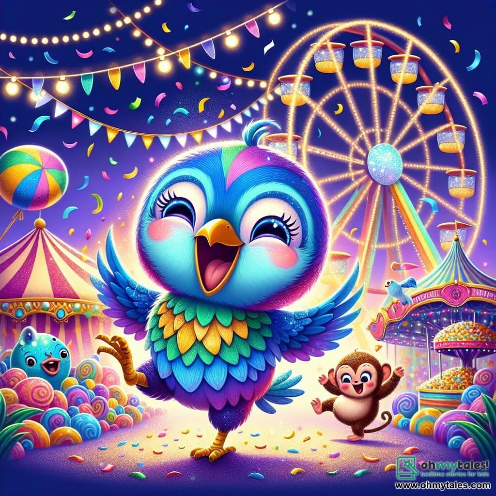 An illustration depicts a small colorful bird with bright blue plumage and a golden beak, expressing great joy and excitement as it dances on its tiny feet, its eyes sparkling with happiness, surrounded by colorful confetti falling from the sky. Nearby, a shimmering fish with multicolored scales jumps out of a fountain, displaying a wide smile and bright eyes full of enthusiasm. A playful monkey, with brown fur and mischievous eyes, joyfully swings from branch to branch, laughing and making faces. The main setting is a magical carnival, featuring stalls decorated with twinkling lights, balloons floating in the air, and mounds of colorful sweets, while a large illuminated Ferris wheel slowly turns in the background, adding a touch of magic to the festive atmosphere. The main scene shows the little bird and its friends celebrating together, surrounded by laughter and music, as they discover the true magic of the carnival: friendship and shared joy. Additional graphic elements include vibrant flowers, characters in flamboyant costumes dancing around them, and sparkling light bursts that enhance the festive and joyful ambiance of the entire illustration.