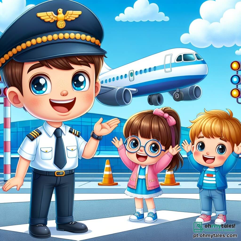 Um piloto chamado João está no centro da imagem, sorrindo amplamente com olhos brilhantes de alegria. Ele usa um uniforme azul vivo, com um boné adornado com um emblema dourado, e faz um gesto amigável em direção às crianças. À sua direita, uma menina chamada Ana, de cerca de 8 anos, com longos cabelos castanhos e óculos redondos, observa João com admiração, com as mãos nas bochechas. À sua esquerda, um menino chamado Pedro, também de 8 anos, com cabelos curtos e loiros, levanta os braços para o alto, como se estivesse prestes a voar, com um grande sorriso no rosto. A cena acontece em um pátio de aeroporto, com um grande avião branco e azul ao fundo, nuvens fofas em um céu azul brilhante e balizas coloridas ao redor da pista. João está explicando às crianças como ele se prepara para o voo, enquanto Ana e Pedro sonham em voar no céu, cheios de excitação e imaginação.