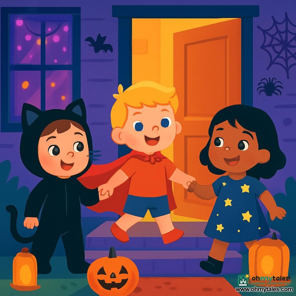 There are three characters: - Mia: a 4-year-old girl wearing a black cat costume with velvet ears. She has brown hair and sparkling eyes. She stands on the left, smiling and curious. - Ben: a 4-year-old boy dressed in a flowing red cape. He has blonde hair and blue eyes. He is in the center, arms outstretched, ready to enter the house. - Noor: a 4-year-old girl wearing a starry dress that shines in the night. She has black hair and bright eyes. She is on the right, holding Mia's hand, with an amazed expression. The setting is a welcoming house decorated for Halloween, with twinkling purple lights in the windows. The door is slightly open, revealing a warm golden light inside. Orange lanterns illuminate the porch, and smiling-faced pumpkins are placed on the steps. The main scene shows the three friends holding hands, ready to enter the house. They display expressions of joy and excitement, surrounded by Halloween decorations like paper bats and soft spider webs.