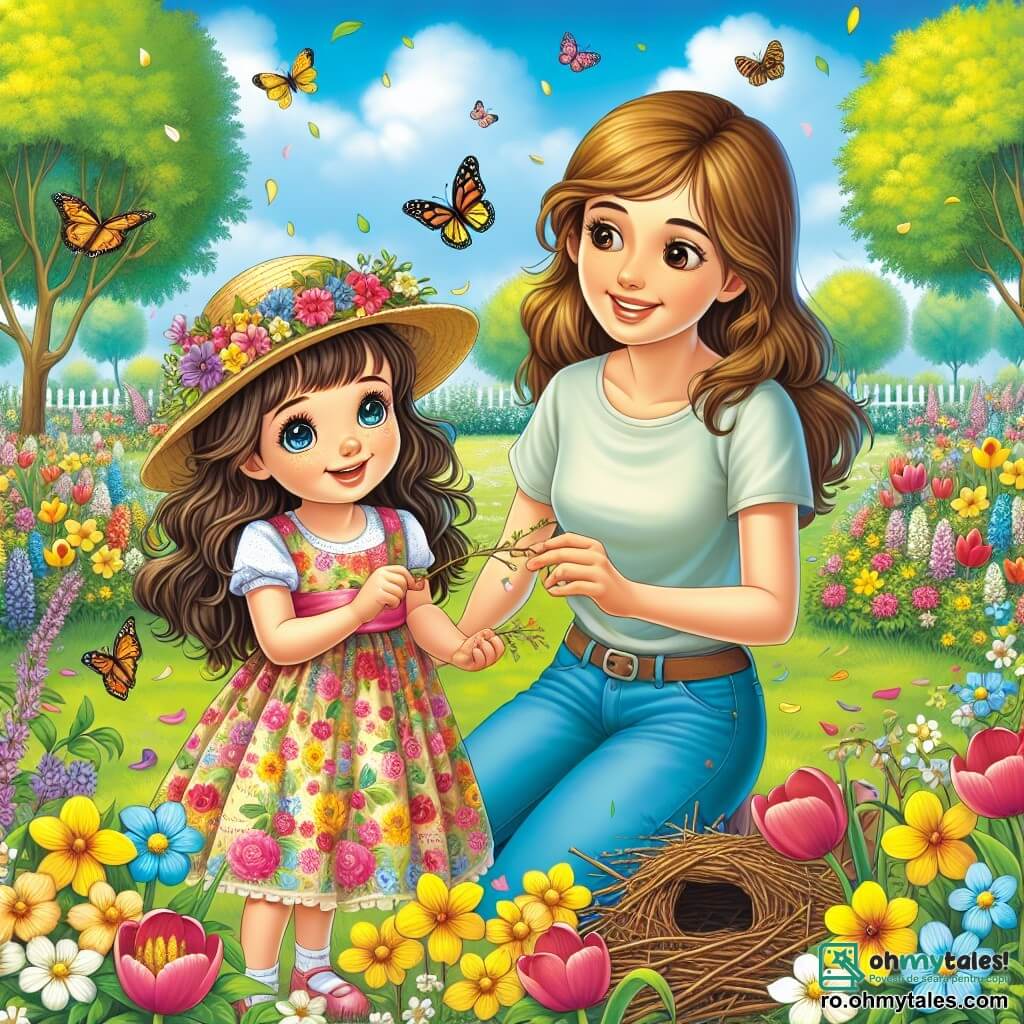 O fetiță de 10 ani, pe nume Maria, cu părul lung și brunet și ochi strălucitori de curiozitate, se află în mijlocul unui parc de primăvară. Ea poartă o rochie colorată împodobită cu flori și o pălărie de paie, zâmbind fericită în timp ce observă fulgii de flori și fluturii care dansează în jurul ei. Lângă ea, mama ei, o femeie de aproximativ 35 de ani, cu părul castaniu și un zâmbet cald, este așezată în genunchi, adunând crenguțe pentru a construi un adăpost pentru păsări. Ea poartă un tricou ușor și blugi, și o privește pe Maria cu mândrie. Parcul este plin de flori strălucitoare de culori vii, precum lalele și narcise, sub un cer albastru deschis presărat cu nori albi pufoși. Copacii verzi înconjoară locul, iar aerul este plin de ciripitul păsărilor și zumzetul albinelor. Situația principală arată cum Maria și mama ei construiesc un mic adăpost pentru păsări, simbolizând dragostea lor pentru natură și dorința de a proteja animalele în această frumoasă sezon de primăvară.