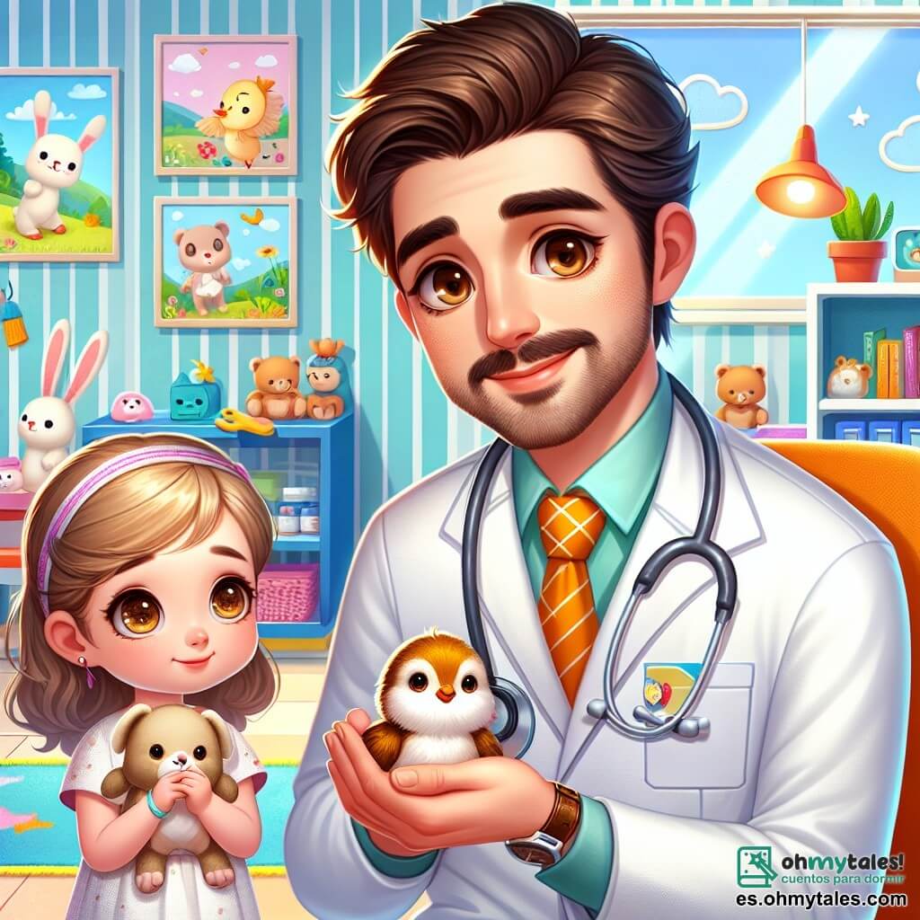 El personaje principal es el Doctor Carlos, un hombre de unos treinta años, con cabello castaño y un gran bigote. Lleva una bata blanca brillante y tiene una sonrisa cálida, mostrando su emoción de bondad y determinación. Está cuidando a un pequeño pajarito herido, sosteniéndolo delicadamente en sus manos. A su lado está Ana, una niña de seis años, con cabello rubio largo y ojos brillantes. Ella mira al Doctor Carlos con admiración, sosteniendo un juguete de peluche en sus brazos. Un poco más lejos, Pedro, un adorable conejito de peluche, está sentado en una silla, cantando suavemente para calmar al pajarito. La escena se desarrolla en un encantador consultorio médico, lleno de colores vivos. Las paredes están decoradas con dibujos de animales y nubes, y hay una gran ventana que deja entrar la luz del sol, iluminando los juguetes y libros esparcidos por el suelo. La situación principal muestra al Doctor Carlos cuidando al pajarito herido, con Ana y Pedro a su lado, creando una atmósfera de cuidado y compasión.