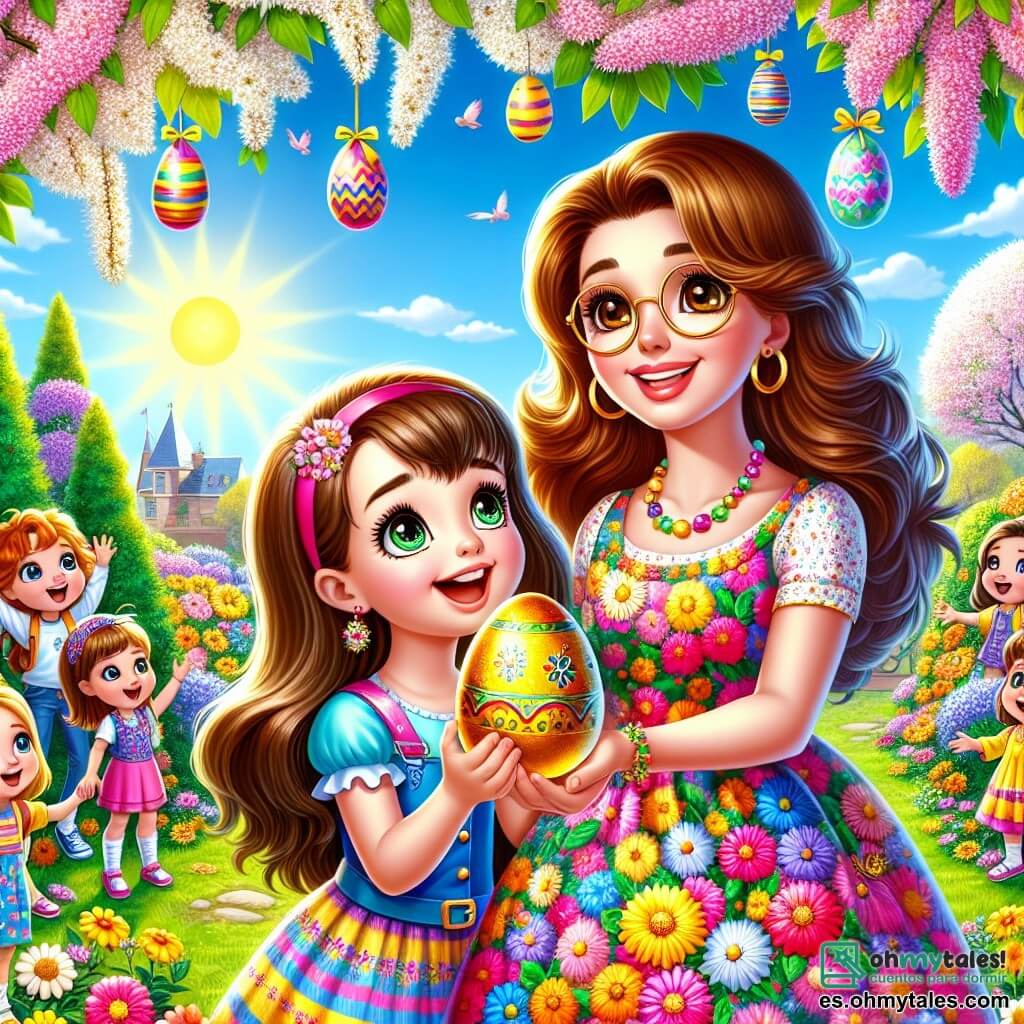Una niña de 6 años, llamada Sofía, con largos cabellos castaños y ojos brillantes, lleva un vestido colorido con motivos de flores. Sonríe ampliamente, sosteniendo un huevo de Pascua dorado en sus manos, con una expresión de asombro. A su lado está la maestra, la señorita Lucía, una mujer de unos treinta años con cabello castaño y gafas redondas, que sonríe orgullosa mientras anima a Sofía. Ella lleva una blusa colorida y está cerca de un gran árbol en flor, lo que añade a la atmósfera alegre. El lugar es un jardín escolar vibrante, lleno de flores brillantes, arbustos verdes y decoraciones de Pascua colgadas en los árboles. Los huevos de Pascua coloridos están escondidos por todas partes, y el sol brilla en un cielo azul claro. Sofía descubre el misterioso huevo dorado, rodeada de sus amigos, todos emocionados y curiosos, mientras lee el mensaje secreto que los llevará a una gran sorpresa de Pascua.