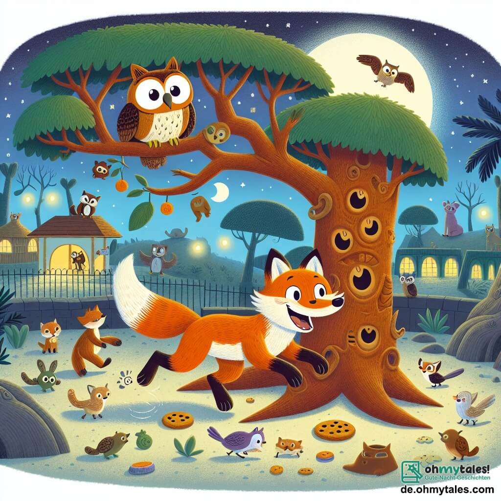 Ein schelmischer Fuchs namens Felix mit leuchtend orangefarbenem Fell und einem buschigen Schwanz springt vor Freude um einen großen Baum, seine Augen strahlen vor Neugier. Neben ihm sitzt eine weise Eule namens Ella mit großen runden Augen und braunen Federn auf einem Ast, lacht und ermutigt Felix bei seiner Suche. Im Hintergrund wird der Zoo von dem sanften Licht des Mondes erleuchtet, mit Schatten von Palmen und Tiergehegen, die eine magische nächtliche Atmosphäre schaffen. Die Szene zeigt Felix und Ella, die aufgeregt nach versteckten Keksen unter dem großen Baum suchen, während andere Tiere im Zoo sie neugierig beobachten.