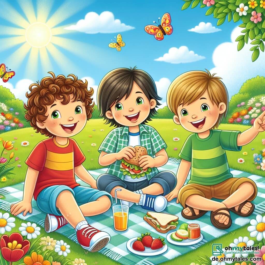 Drei Jungen, Max, Ben und Leo, sitzen auf einer großen bunten Decke, die auf dem grünen Gras eines sonnigen Parks ausgebreitet ist. Max, ein Junge mit braunen lockigen Haaren, trägt ein rotes T-Shirt und eine blaue Shorts und lächelt, während er ein Sandwich in der Hand hält. Neben ihm lacht Ben, ein Junge mit glatten blonden Haaren, der ein kariertes Hemd und Shorts trägt und ein Glas Fruchtsaft hält. Schließlich zeigt Leo, ein Junge mit kastanienbraunen zerzausten Haaren, der ein grünes T-Shirt und Sandalen trägt, auf einen wunderschönen bunten Schmetterling, der um sie herumfliegt. Der Park ist mit leuchtenden Blumen in allen Farben gefüllt: roten Tulpen, weißen Margeriten und gelben Narzissen, während blühende Bäume dem Landschaftsbild einen Hauch von Rosa verleihen. Der Himmel ist strahlend blau mit ein paar fluffigen weißen Wolken, und die Sonne scheint fröhlich über ihnen. Die drei Freunde feiern den Frühling bei einem Picknick, teilen Lachen und Geschichten und bewundern die Schönheit der Natur um sie herum.