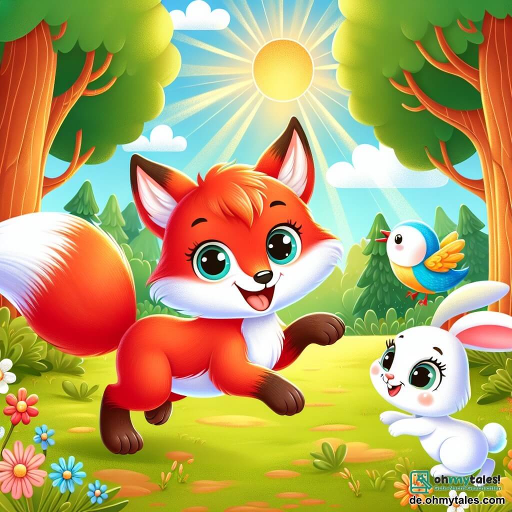 Ein strahlend roter Fuchs mit großen neugierigen Augen und einem fröhlichen Lächeln steht im Mittelpunkt der Szene und hüpft begeistert in einer sonnigen Lichtung. Neben ihm sitzt ein kleiner Vogel mit bunten blauen und gelben Federn auf einem Ast und singt fröhlich, während ein niedlicher Hase mit großen weißen Ohren und funkelnden Augen freundlich auf den Fuchs zugeht. Die Lichtung ist von großen Bäumen mit robusten Stämmen umgeben, deren grüne Blätter sanft im Wind tanzen, und bunte Blumen schmücken den Boden und verleihen der Umgebung einen Hauch von Magie. Im Hintergrund bricht ein Sonnenstrahl durch die Äste und erhellt die Szene mit goldenem Licht. Der Fuchs, der Hase und der Vogel sind zusammen, lachen und spielen und feiern ihre Freundschaft in dieser zauberhaften Kulisse, wo Glück und Kameradschaft vorherrschen.