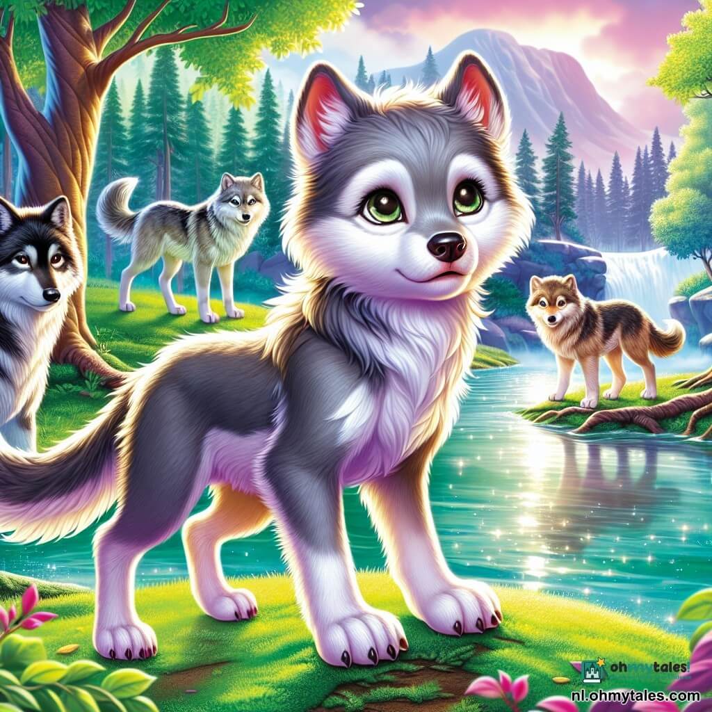 Aan de oever van een prachtig glinsterend meer kijkt een jonge wolf met heldere ogen en zachte grijze vacht, genaamd Kleine Wolf, nieuwsgierig en met een lichte rilling van bezorgdheid. Hij staat op een kleine oever, zijn delicate poten raken het groene gras aan terwijl hij de scène voor zich observeert. Naast hem staat zijn zus Lupa, een wolvin met goudbruin vacht en warme ogen, die een voelbare vastberadenheid uitstraalt. Ze staat trots iets naar voren, klaar om haar broer te verdedigen, met haar blik gericht op de andere dieren. Op de achtergrond staan twee jonge wolven, een noordelijke met zwarte vacht en doordringende ogen, en een zuidelijke wolvin met crèmekleurige vacht en zachte ogen, op een veilige afstand, met een mengeling van wantrouwen en nieuwsgierigheid op hun gezichten. Het decor is betoverend: majestueuze bomen met levendige groene bladeren omringen het meer, terwijl de lucht zich kleurt met roze en oranje tinten bij zonsondergang, wat een zowel magische als gespannen sfeer creëert. De hoofdscene toont Kleine Wolf en Lupa die hun moed verzamelen om met de andere jonge wolven te praten, op zoek naar vrede en het delen van hun emoties, terwijl de angst voor oorlog in de lucht hangt.