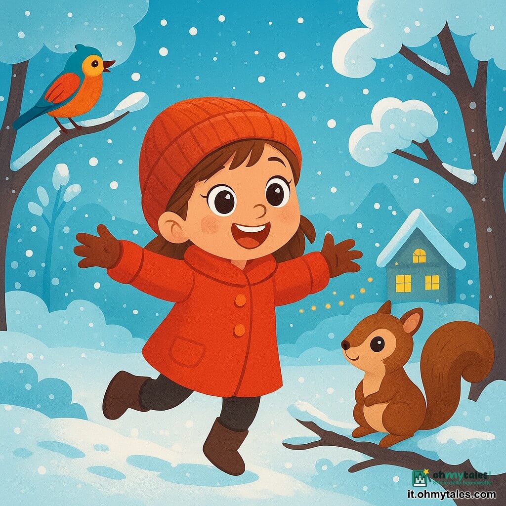 Una bambina di 4 anni, di nome Lucia, con grandi occhi brillanti e un sorriso radioso, indossa un cappotto rosso vivo e un berretto di lana. Sta saltando nella neve, con le braccia aperte e un'espressione di gioia sul volto. Accanto a lei, un piccolo scoiattolo di nome Pino, con pelliccia marrone e una coda folta, la osserva con curiosità, seduto su un ramo. Un uccello colorato, posato su un altro albero, canta allegramente, contribuendo all'atmosfera festosa. La scena si svolge in un giardino magico, coperto da uno spesso strato di neve scintillante, con alberi carichi di neve e luci di Natale che brillano in lontananza. Sullo sfondo, una casa accogliente con finestre illuminate crea un'atmosfera calorosa. Lucia, affascinata dalla bellezza dell'inverno, si diverte a giocare nella neve, creando angeli di neve e ridendo, mentre Pino e l'uccello la osservano divertiti, condividendo un momento di felicità e amicizia.