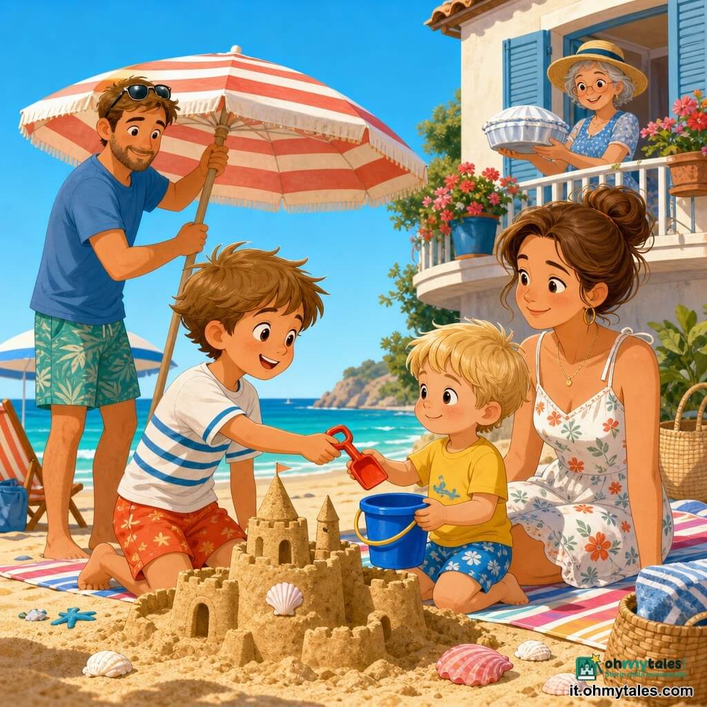 Bambino di 8 anni, viso rotondo, capelli castano chiaro spettinati, occhi grandi e sorridenti, offre una piccola pala rossa con gioiosa impazienza; la madre (~35 anni) con capelli castani raccolti in chignon, pelle chiara e abbigliamento estivo leggero è seduta su un asciugamano a righe e lo guarda con affetto; il padre (~37 anni) con barba corta, maglietta blu e occhiali da sole in testa sistema un grande ombrellone a righe poco lontano; un bambino più piccolo (~5 anni) biondo e timido tiene un secchiello blu e accetta la pala; la vicina Teresa (~65 anni) con capelli grigi e cappello di paglia sorride sul balcone vicino a un vaso di fiori tenendo un piatto coperto; spiaggia di giorno con sabbia dorata, piccole dune, conchiglie bianche e rosa, asciugamani colorati, ombrelloni a righe e mare turchese calmo; scena principale: scambio caloroso per costruire un castello di sabbia, atmosfera estiva luminosa, colori vivaci, composizione centrata sui personaggi e sul castello.