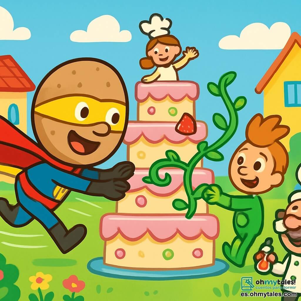 Superpatata, un hombre con una gran cabeza de papa sonriente, lleva una capa roja flotante y una máscara amarilla, mostrando una expresión alegre y decidida. Rueda rápidamente alrededor de una torre de pasteles, con los brazos extendidos hacia adelante, listo para salvar la situación. A su lado, el Capitán Zanahoria, un niño con cabello naranja en forma de zanahoria, lleva un traje verde y parece divertido mientras intenta hacer crecer una planta que se enreda alrededor de Superpatata. El profesor Pimiento, un hombre mayor con un bigote rizado y un sombrero de chef, se mantiene alejado, riendo mientras sostiene un pequeño frasco de polvo de chile. La escena se desarrolla en el colorido pueblo de Risasolis, donde casas de colores vivos y jardines florecidos rodean la torre de pasteles, que es alta y decorada con cremas y dulces. Superpatata rueda alrededor de la torre, creando un viento fuerte para ayudar a la señorita Galleta a descender, mientras los otros personajes lo animan con sonrisas y risas.