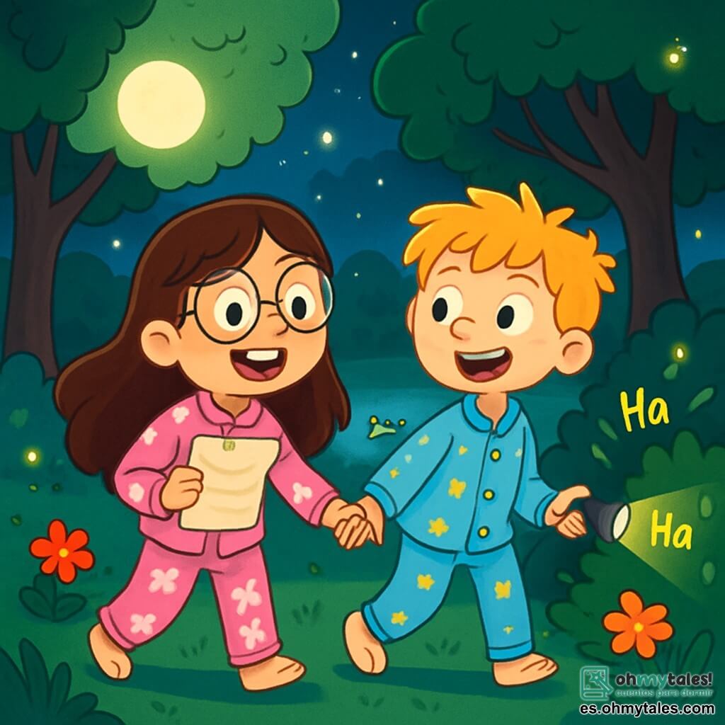 Hay 2 personajes principales:  
- Lila: una niña de 7 años con largos cabellos castaños y gafas redondas. Lleva un pijama rosa con unicornios. Está de pie, emocionada, sosteniendo una carta misteriosa en sus manos.  
- Nico: un niño de 7 años con cabello rubio alborotado y una gran sonrisa. Lleva un pijama azul con patos. Está un poco detrás, señalando hacia el parque con una linterna, sus ojos brillando de anticipación.  

El lugar donde se desarrolla la situación principal es un parque nocturno, iluminado por la luna. Árboles con hojas verdes y brillantes rodean un pequeño estanque donde nadan patos. Sombras bailan en el suelo, creando una atmósfera mágica y misteriosa.  

La situación principal de la historia muestra a Lila y Nico, curiosos y divertidos, tomados de la mano, listos para descubrir las sorpresas del parque. Escuchan risas provenientes de un arbusto, rodeados de flores coloridas y luciérnagas centelleantes que iluminan la noche.