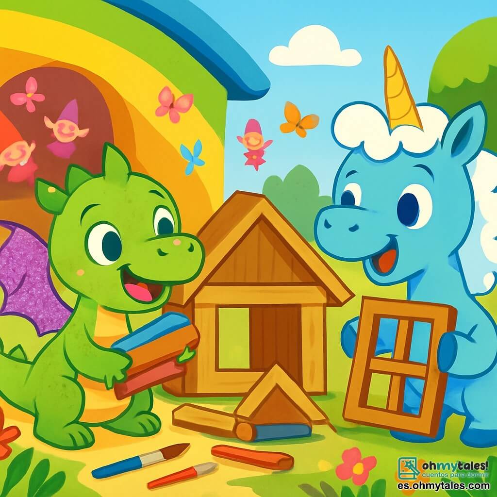 Una pequeña dragona verde llamada Lila, con alas brillantes de purpurina, sonríe alegremente mientras sostiene trozos de madera de colores en sus patas. Sus ojos brillan de emoción y curiosidad, lista para crear algo mágico. Junto a ella, una unicornia azul llamada Zuri, con crines en forma de nubes y ojos brillantes, ríe sosteniendo una ventana de madera. El lugar es un taller creativo en un claro soleado, con paredes pintadas de arcoíris, pinceles de colores esparcidos por el suelo y flores vibrantes alrededor. La situación principal muestra a Lila y Zuri construyendo una casa para los pequeños animales del bosque, riendo juntas de los duendecillos que bailan alrededor, creando una atmósfera alegre y llena de creatividad.