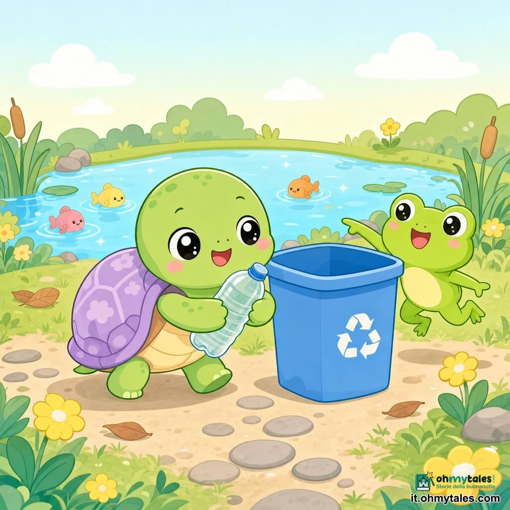 Una piccola tartaruga verde (personaggio principale), volto rotondo e occhi brillanti, espressione gioiosa e concentrata, carapace lavanda a motivi delicati, tiene una bottiglia di plastica traslucida con le zampe e la porta verso un grande cassonetto blu; una piccola rana verde vivace (personaggio secondario), occhi tondi e sorridenti, salta accanto alla tartaruga indicando il cassonetto con una zampa, entusiasta e di aiuto; sullo sfondo minuscoli pesci sorridenti nuotano in uno stagno azzurro; luogo: bordo di stagno con erba verde tenera, fiori gialli semplici, qualche foglia marrone e un piccolo sentiero di pietre tonde; luce morbida e cielo pastello; situazione: la tartaruga deposita con cura la bottiglia nel cassonetto blu, la rana la incoraggia, atmosfera benevola, pulita e gioiosa.