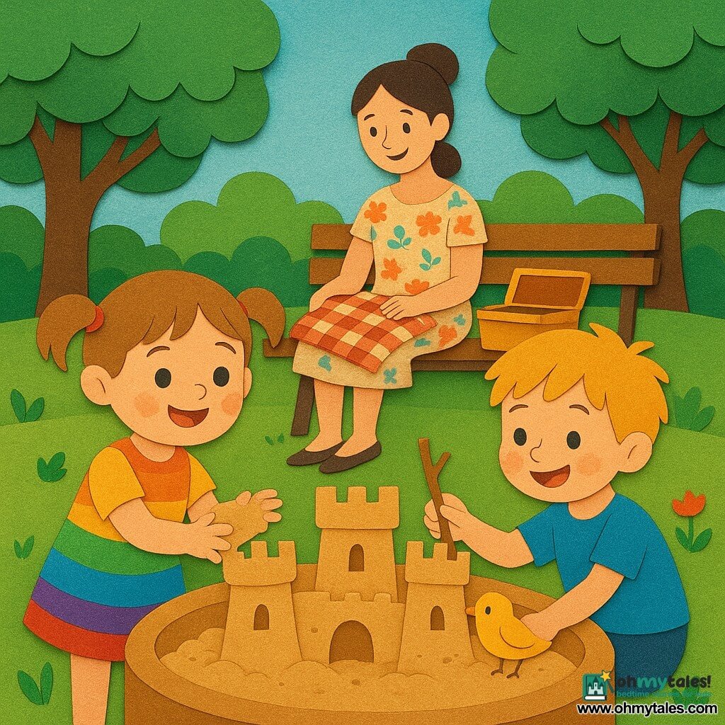 A smiling, wide-eyed 4-year-old girl, Lily, with light brown pigtails and a wrinkled rainbow dress, shapes a large sandcastle with sandy hands as an enthusiastic 4–5-year-old boy, Max, with tousled blond hair and a blue T‑shirt, leans in to add a tower of small sticks; their mother, about 30, hair tied and wearing a light floral dress, sits on a wooden bench behind them holding a checkered cloth and an open picnic box while a bright yellow bird perches on the sandbox rim watching; the round sandbox is filled with beige sand amid layered green grass and leafy trees, late-afternoon warm light and soft shadows, vivid contrasting colors, visible torn-paper textures, clean outlines and simple shapes for a joyful childlike look.