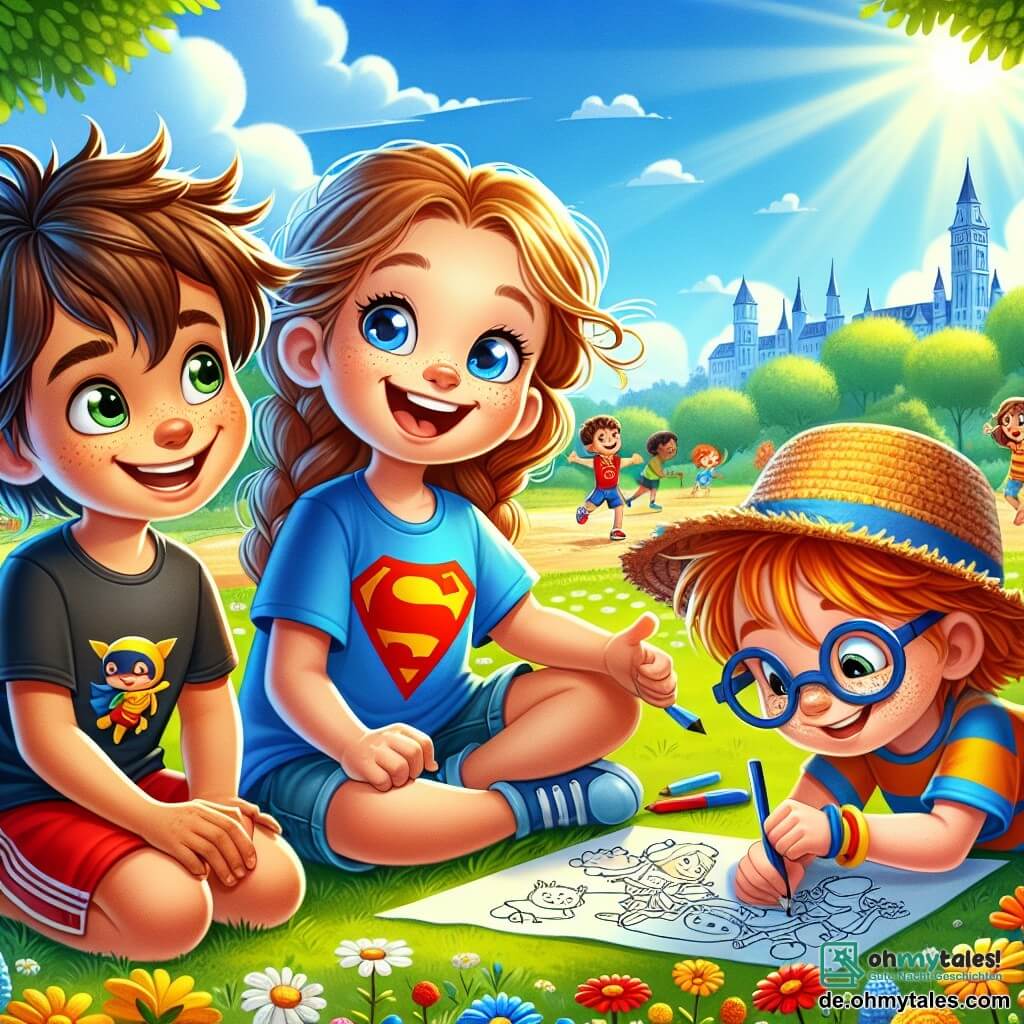 Ein 10-jähriger Junge, Max, mit zerzausten braunen Haaren und neugierigen Augen, sitzt auf dem grünen Gras eines sonnigen Parks. Er trägt ein blaues T-Shirt mit einem Superhelden-Motiv und eine rote Shorts, und er hat ein breites Lächeln im Gesicht, das seine Begeisterung zeigt. Neben ihm sitzt seine beste Freundin Mia, ein 10-jähriges Mädchen mit langen, geflochtenen blonden Haaren, die konzentriert und fröhlich auf einem großen Stück Papier zeichnet, während sie einen Strohhut trägt. Etwas weiter weg baut Olli, ein 9-jähriger Junge mit Brille und Sommersprossen, ein kleines Sandburg und lacht mit seinen Freunden. Der Park ist voller lebendiger Farben: bunten Blumen, majestätischen Bäumen und einem hellblauen Himmel mit flauschigen weißen Wolken. Im Hintergrund sieht man eine Gruppe von Kindern, die Fußball spielen, was zur fröhlichen Stimmung der Szene beiträgt. Die Hauptsituation zeigt Max, Mia und Olli, die einen Moment der Kreativität und Freundschaft teilen, während sie sich entscheiden, ihre Bildschirme hinter sich zu lassen, um die Natur zu genießen und zusammen Spaß zu haben.