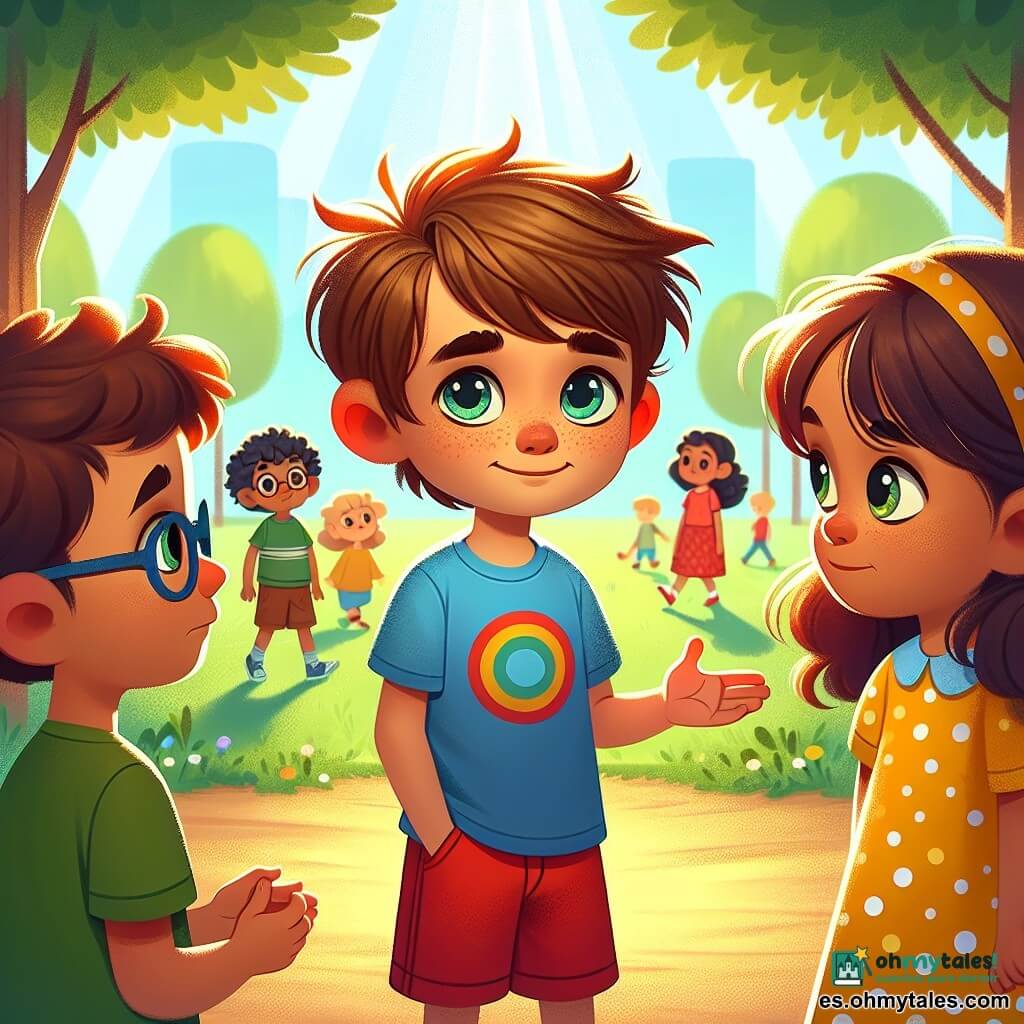 Un niño de 8 años, con cabello castaño desordenado y ojos brillantes de curiosidad, se encuentra en el centro de la escena. Lleva una camiseta azul con un dibujo de superhéroe y un pantalón corto rojo. Su rostro expresa una dulce determinación, con una ligera sonrisa, mientras extiende la mano hacia sus compañeros para alentarlos a hablar con calma. A su derecha, una niña de 8 años, con cabello largo y rizado, vestida con un vestido amarillo con lunares, escucha atentamente. Tiene una mirada comprensiva y una sonrisa tranquilizadora, lista para ayudar a resolver el conflicto. A su izquierda, un niño de 8 años, con gafas y una camiseta verde, parece dudoso, pero observa con esperanza a los demás, dispuesto a participar en la discusión. La escena se desarrolla en un patio de recreo soleado, rodeado de grandes árboles verdes y juegos coloridos. Niños juegan al fondo, mientras los rayos de sol se filtran a través de las hojas, creando una atmósfera cálida y acogedora. La situación principal muestra al niño animando a sus amigos a hablar sin pelear, con burbujas de diálogo coloridas que ilustran sus palabras amables. La atmósfera es positiva, llena de colores vivos y sonrisas, simbolizando la importancia de la comunicación y la paz.