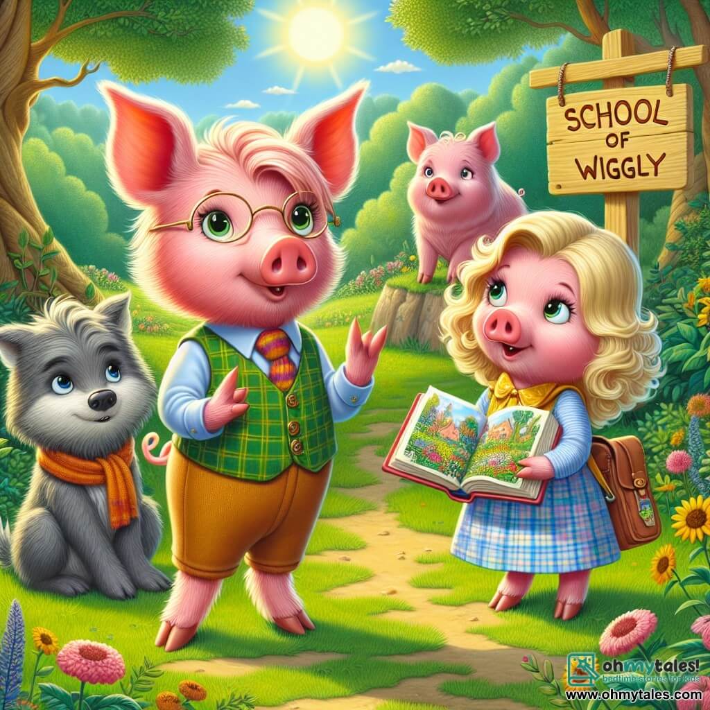 In a sunny corner of Wiggly Woods, Percy, the first of the Three Little Pigs, stands with glasses on his nose and a determined smile on his face. He is pink with silky fur and wears a small checkered shirt. He holds an open book in his front paws, explaining a lesson to the other animals. Next to him, Penelope, the second little pig, is full of energy with her blonde curls and a colorful dress. She showcases a beautiful garden illustration she drew, her eyes sparkling with enthusiasm. Wolfgang, the graying wolf, stands slightly back with a curious expression. He has messy fur and wears a red scarf around his neck, watching the pigs with a mix of surprise and interest. The setting is a lush meadow dotted with wildflowers and surrounded by majestic trees, with a large wooden sign decorated in bright colors that reads "Wiggly Woods School." The main scene shows Percy and Penelope teaching the other animals, while Wolfgang, intrigued, begins to approach, ready to discover what friendship and learning mean, illustrating the start of a beautiful transformation.