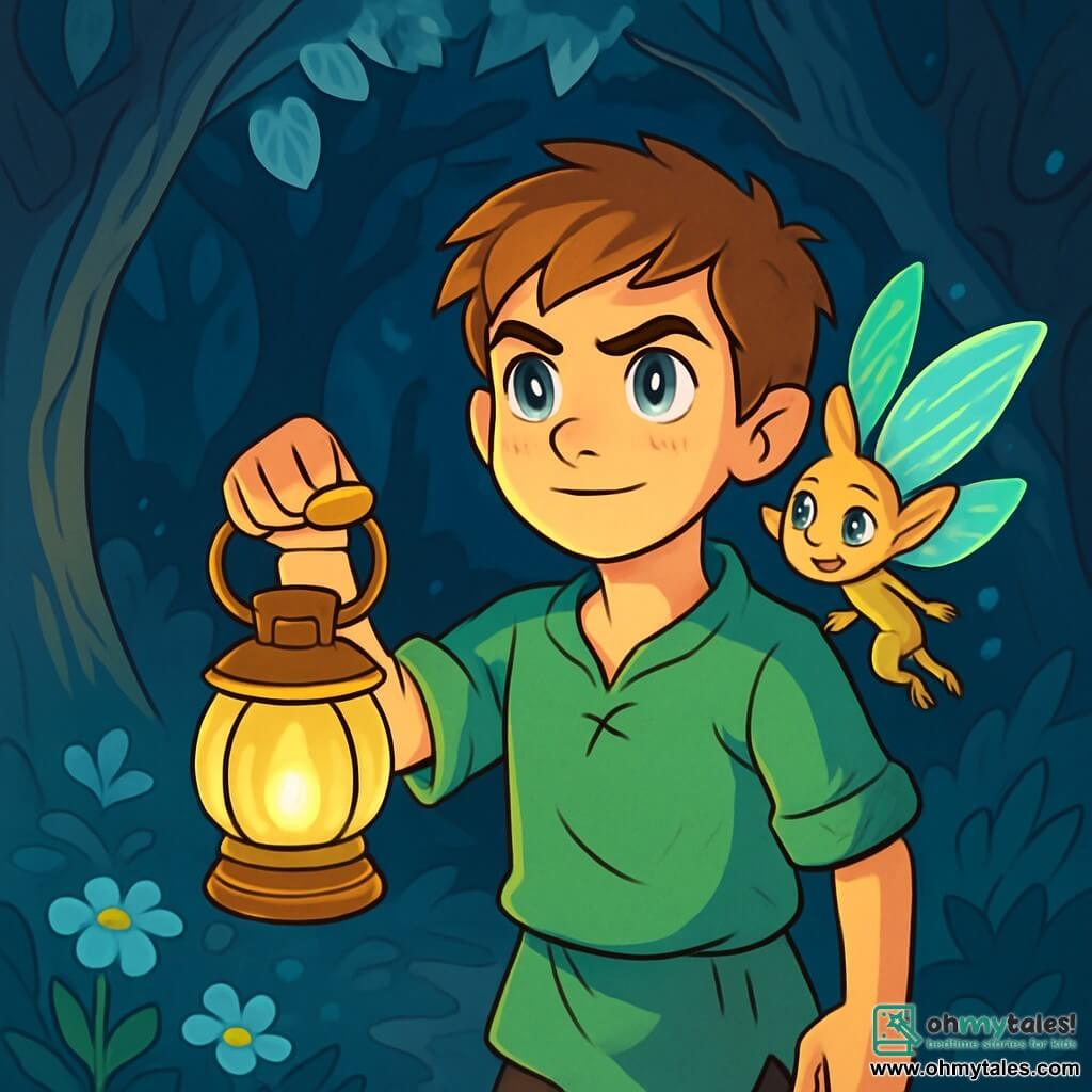 A 12-year-old boy, Lorian, stands at the edge of a mysterious forest, his eyes shining like stars and his face marked by courageous determination. He wears a slightly wrinkled green tunic and holds a golden lantern that lights his path. Beside him, a small magical creature, a sprite with shimmering wings, floats in the air, its eyes sparkling with curiosity, ready to accompany him on his adventure. The setting is an enchanted forest with gnarled tree trunks and silver leaves that glimmer under the lantern's light. Luminescent flowers grow on the ground, and shadows dance among the branches, creating a magical yet slightly eerie atmosphere. The main scene shows Lorian, determined to enter the forest, ready to face the mysteries and dangers that await him, while the sprite encourages him with a mischievous smile, brightening the darkness of their shared adventure.