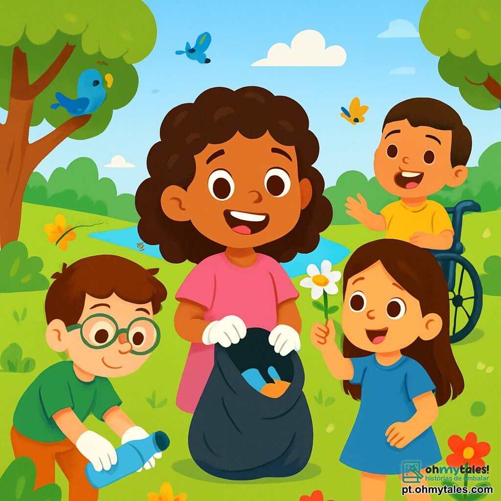 Há 4 crianças: - Ana: uma menina de 8 anos com cabelos cacheados e um grande sorriso, vestindo um vestido rosa. Ela está no centro, segurando um saco de lixo. - Miguel: um menino de 9 anos com óculos e cabelos castanhos, vestindo uma camiseta verde. Ele está à esquerda, pegando uma garrafa plástica. - Sofia: uma menina de 8 anos com cabelos longos e lisos, vestida com um vestido azul. Ela está à direita, mostrando uma flor que encontrou. - Pedro: um menino de 9 anos com cabelos curtos e um sorriso radiante, sentado em sua cadeira de rodas, vestindo uma camiseta amarela. Ele está um pouco atrás, rindo e incentivando seus amigos. O local é o Parque Verdejante, um espaço verde repleto de árvores majestosas, flores vibrantes e um lago brilhante ao sol. Pássaros cantam nos galhos e borboletas dançam ao redor das crianças, criando uma atmosfera alegre e mágica. A cena principal mostra as crianças em ação, limpando o parque. Elas estão recolhendo lixo colorido em seus sacos, rindo e se incentivando mutuamente. Seus rostos expressam determinação e alegria por contribuir à proteção do meio ambiente.