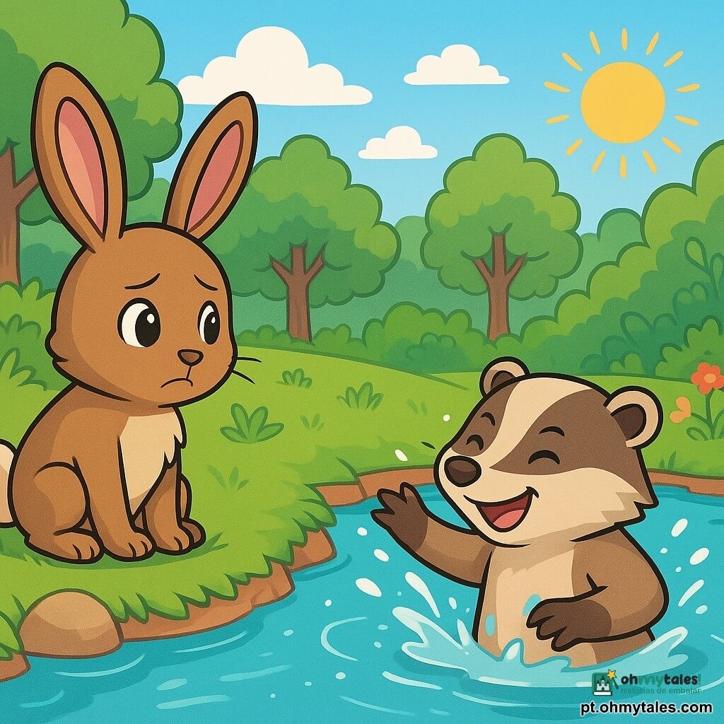 Um coelhinho de orelhas grandes, pelagem marrom e olhos brilhantes, está à beira de um riacho cintilante, com uma expressão inquieta e determinada. Ele observa um amigo, um texugo de pelos claros e manchas distintas, que nada alegremente na água, com um sorriso caloroso no rosto. O texugo está a poucos passos do coelhinho, espirrando água ao seu redor, mostrando sua alegria. Ao fundo, uma floresta verde se estende, com árvores de folhas vibrantes e flores coloridas que trazem vida à cena. O céu é de um azul claro, salpicado de nuvens brancas e fofas, e o sol brilha, criando reflexos na água. A situação principal mostra o coelhinho percebendo que machucou seu amigo com uma brincadeira, mas agora, eles compartilham um momento de felicidade brincando juntos à beira da água, simbolizando a amizade e o respeito mútuo.