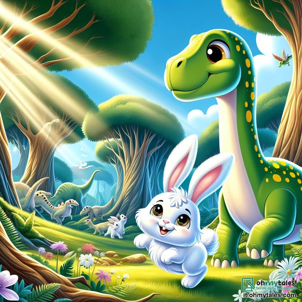 Un piccolo coniglietto di nome Bianchino, con un pelo bianco splendente e grandi orecchie morbide, salta di gioia in una foresta preistorica, i suoi occhi brillano di curiosità e meraviglia. Accanto a lui, un grande Brachiosaurus dal collo lungo e grazioso, con pelle verde e macchie gialle, guarda Bianchino con un sorriso amichevole, i suoi occhi brillano di gentilezza. La scena si svolge in una foresta lussureggiante, piena di enormi alberi preistorici, felci giganti e fiori colorati che sbocciano sotto un cielo blu splendente. Sullo sfondo, altri dinosauri curiosi si muovono lentamente, aggiungendo un tocco di magia all'ambiente. Bianchino e il Brachiosaurus esplorano insieme, meravigliati dalla bellezza della natura, mentre raggi di sole filtrano tra le foglie, illuminando la loro avventura.