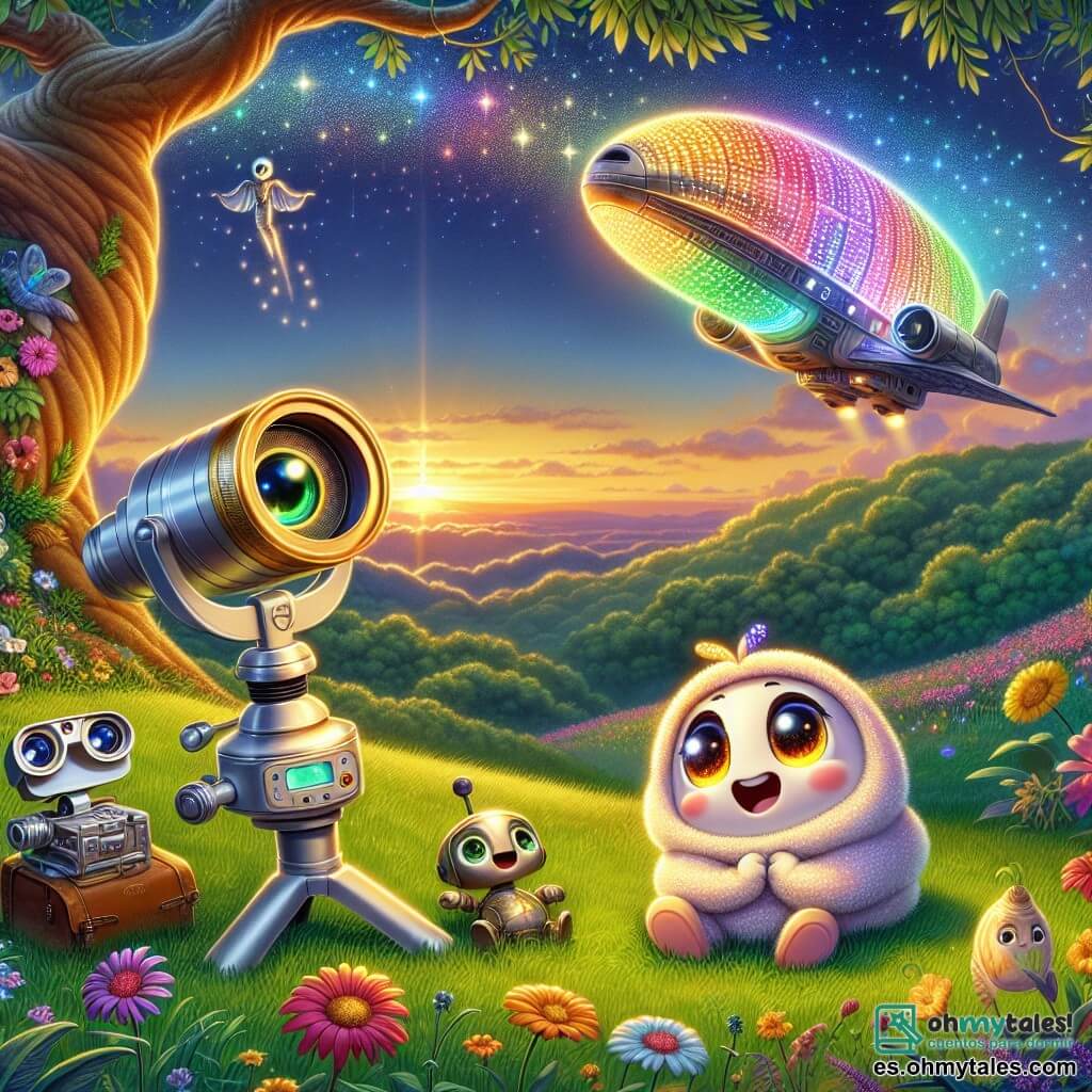 Tico, un pequeño telescopio de mesa de metal plateado con una lente brillante, está en la cima de una colina, con los ojos muy abiertos de asombro, observando una magnífica nave espacial colorida que flota en el cielo. A su lado, Ciri, una dulce y regordeta inteligencia artificial en forma de nube, con ojos brillantes y una sonrisa alegre, levanta los brazos al aire, expresando su alegría y emoción. Pipo, un proyector de cine de colores vivos, está en el suelo, proyectando estrellas centelleantes sobre la hierba, mientras observa la escena con curiosidad y entusiasmo. El lugar es una colina verde, bañada por la luz dorada del sol poniente, con flores coloridas y árboles majestuosos que rodean el paisaje. La situación principal muestra a Tico y sus amigos descubriendo a una criatura extraterrestre luminosa, Luma, que sale de su nave, iluminando la escena con un suave resplandor, mientras se encuentran por primera vez en un momento de pura magia y asombro.