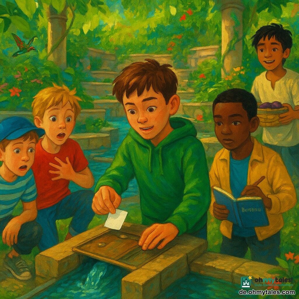 Fünf Kinder: Milo, ~10, braune kurze Haare, Sommersprossen, grüner Sweatshirt, hält in der linken Hand eine große runde Metalluhr und löst mit der anderen behutsam einen kleinen weißen Aufkleber von einer Bronzeplatte; er steht zentral, leicht nach vorn geneigt; Ben, ~10, blond zerzaust, rotes T‑Shirt, abgenutzte Turnschuhe, liegt leicht zurückgelehnt auf einem Pflaster nahe Milo, Mund offen vor Erstaunen, eine Hand auf der Brust; Oskar, ~10, hellbraunes Haar, blaues Käppi neben ihm, gestreiftes T‑Shirt, kniet links von Milo und blickt konzentriert auf die Platte; Tarek, ~10, dunklere Haut, kurze schwarze Haare, leichte gelbe Jacke, rechts von Milo, hält ein offenes Bordbuch, schaut ernst und notiert; Naru, ~10, dunkle zerzauste Haare, helle Leinentunika, steht etwas zurück auf einer höheren Terrasse mit einem Korb Feigen, lächelt erleichtert und beobachtet, wie das Wasser wieder fließt. Ort: Hängender Terrassengarten aus Stein mit alten Säulen, grünen Ranken, breiten Blättern, gestapelten Steinbecken, schmalen bronzenen Kanälen, farbigen Blumen und schwirrenden Kolibris, warmes Morgenlicht, glitzerndes türkises Wasser. Hauptsituation: Die Kinder entdecken eine kleine bronzene Klappe in einem Kanal, verschlossen mit einem modernen weißen Aufkleber mit leerem Quadrat; Milo löst den Aufkleber langsam, eine Wassertropfe beginnt zu fließen, Pflanzen reagieren, Gesichter zeigen Überraschung und Erleichterung — Bildkomposition zentriert auf die Hand beim Abziehen des Aufklebers, die glänzende runde Uhr daneben und den wieder einsetzenden Wasserfluss im Hintergrund.