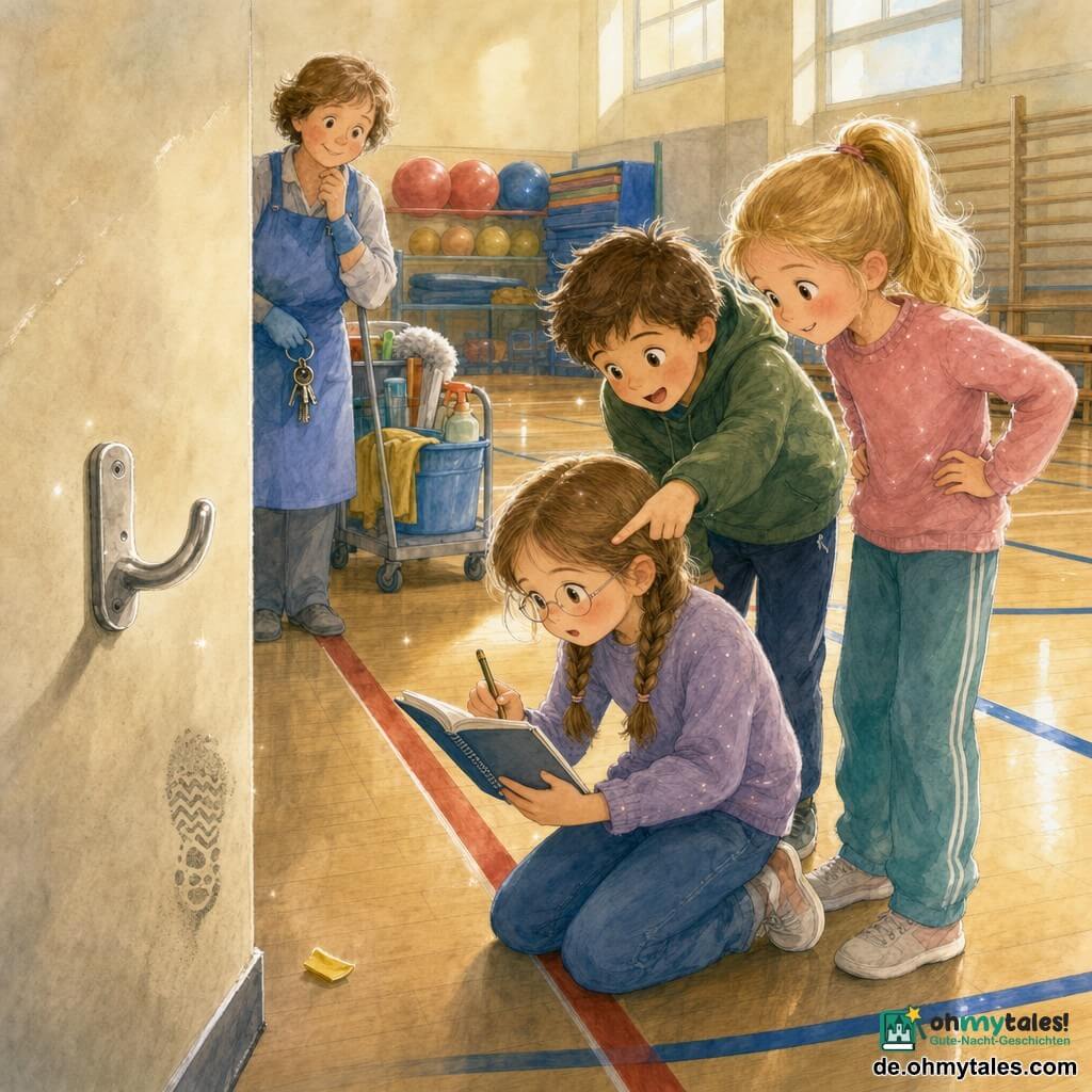 Ein etwa 8‑jähriges Mädchen, gerührt und konzentriert, rundes Gesicht, hellbraune Haare zu zwei Zöpfen, dünne Brille als Accessoire, kniet bei einem kleinen Wandhaken und hält ein aufgeschlagenes Heft in einer Hand und einen Bleistift in der anderen; ein etwa 8‑jähriger Junge (Ben), begeistert und etwas tollpatschig, kurze braune Haare, beugt sich hinter dem Mädchen, zeigt mit einer Hand auf eine Fußabdruckspur am Boden; ein etwa 8‑jähriges Mädchen (Jule), lächelnd und aufmerksam, blonde Pferdeschwanzfrisur, steht neben ihnen mit den Händen in die Hüften und schaut auf den Boden; eine erwachsene Frau (Frau Pappel), Hausmeisterin, ca. 50 Jahre, klein, trägt eine blaue Putzschürze, steht leicht zurück mit einem Reinigungswagen und der Hand am Schlüsselbund; Ort: große Schulsporthalle mit cremefarbenen Wänden, hellem Holzboden mit blauen und roten Sportlinien, staubige Ecke bei einem Wandhaken, Holzbänke im Hintergrund, aufgestapelte Bälle und Matten; Situation: Nahaufnahme eines leeren Hakens mit kleinem Schuhabdruck in Staub (Muster drei Punkte + Zickzack) und einem gelben Plastikstück daneben, die Kinder untersuchen ruhig bei sanft gereinigtem Licht von hohen Fenstern, freundliche Entdeckungsstimmung.