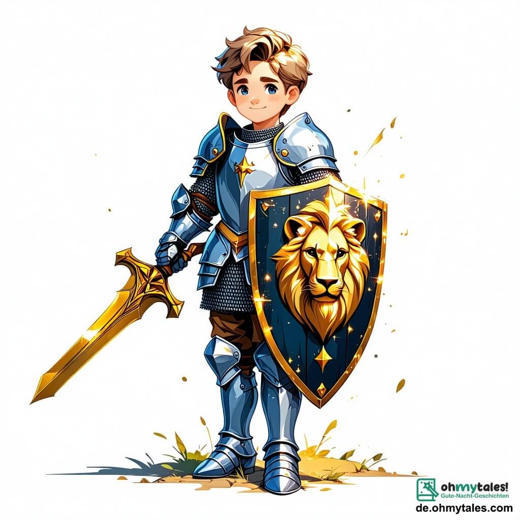 Der Ritter Leo, ein mutiger junger Mann von etwa 25 Jahren, steht im Mittelpunkt der Szene. Er trägt eine glänzende Rüstung, die im Sonnenlicht funkelt, mit einem Schild, das einen goldenen Löwen ziert, und einem goldenen Schwert in der Hand. Sein Gesicht drückt Entschlossenheit und Tapferkeit aus, seine Augen strahlen Hoffnung aus, während er sich auf die bevorstehende Herausforderung vorbereitet. An seiner Seite steht Eldrin, der weise Zauberer, ein etwa 60-jähriger Mann mit einem langen weißen Bart und runden Brillen. Er trägt ein blaues Gewand, das mit funkelnden Sternen verziert ist, und hebt eine Hand, um einen Schutzzauber zu wirken. Er steht leicht im Hintergrund und beobachtet Leo mit Stolz und Ermutigung. Die Kulisse ist ein dunkles und mysteriöses Schloss mit hohen Türmen aus grauem Stein, umgeben von dichtem Nebel. Verdrehte Bäume und dunkle Lianen verleihen der Umgebung eine magische und beunruhigende Atmosphäre. Die Hauptsituation zeigt Leo, der bereit ist, in das Schloss einzutreten, um seinen Freund Eldrin zu retten, der darin gefangen gehalten wird. Die Luft ist voller Spannung und Aufregung, während die Sonne durch die Wolken bricht und den Weg erleuchtet, den Leo gehen muss.