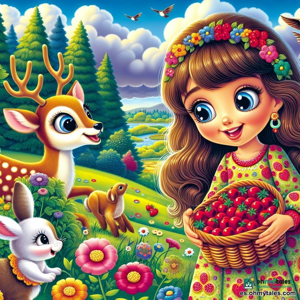 Una niña de 10 años, llamada Luna, con largos cabellos castaños y ojos llenos de curiosidad, se encuentra en el centro de la imagen, sonriendo y llena de entusiasmo. Lleva un vestido ligero de colores vivos, decorado con motivos de flores, y sostiene una cesta llena de bayas rojas, simbolizando la compartición. A su lado, un joven ciervo de grandes ojos dulces, con pelaje marrón dorado, mira a Luna con admiración, mientras que un pequeño conejo de largas orejas blancas, ligeramente apartado, parece ansioso por probar las bayas. El escenario es un campo verde, salpicado de flores coloridas, bajo un cielo azul brillante, donde nubes esponjosas flotan suavemente. En el fondo, árboles majestuosos bordean el campo y un arroyo brillante serpentea a través del paisaje. La escena principal muestra a Luna y sus amigos animales discutiendo alegremente cómo compartir las bayas, rodeados por la belleza de la naturaleza, ilustrando el espíritu de camaradería y compartición.