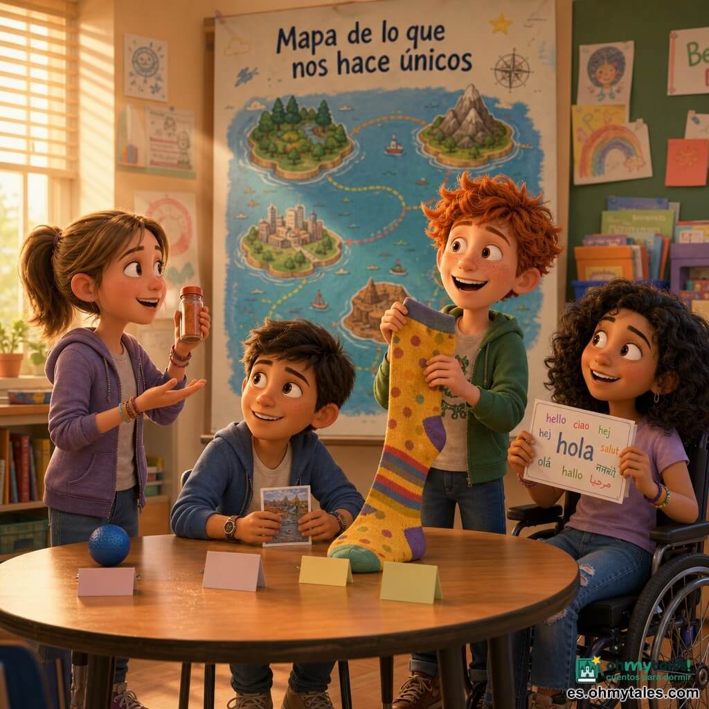 Hay cuatro niños: Álex, chico de ~11 años, piel oliva clara, pelo castaño corto, pulsera y reloj, sentado junto a la mesa sosteniendo una tarjeta plastificada "plan de calma" y mirando a los visitantes con sonrisa serena; Nora, chica de ~11 años, piel clara, pelo castaño claro en coleta, de pie a la izquierda de la mesa explicando con gestos y sosteniendo un frasco de especias (pimiento); Hugo, chico de ~11 años, piel clara con pecas, pelo rojo despeinado, de pie en el centro mostrando entusiasmadamente un calcetín grande y desparejado como objeto divertido; Sara, chica de ~11 años, piel morena, pelo negro rizado, sentada en silla de ruedas a la derecha de la mesa, mostrando una tarjeta con "hola" en varias lenguas y sonriendo inclinando la cabeza. Lugar: aula cálida y luminosa con luz suave filtrada por persianas, paredes coloridas con dibujos de niños, mesa redonda grande y un mural vertical con "Mapa de lo que nos hace únicos" dibujado como islas conectadas; sobre la mesa: frasco de especias rojo-anaranjado, pelota antiestrés azul, calcetín amarillo desparejado, tarjeta plastificada y pequeñas etiquetas manuscritas. Situación: los cuatro presentan juntos su exposición escolar en un ambiente acogedor, sonriendo y mostrando gestos inclusivos; sin luces intermitentes, iluminación suave; plano medio, colores cálidos y contrastes suaves, texturas realistas estilo animación 3D, expresiones claras y gestos amigables.