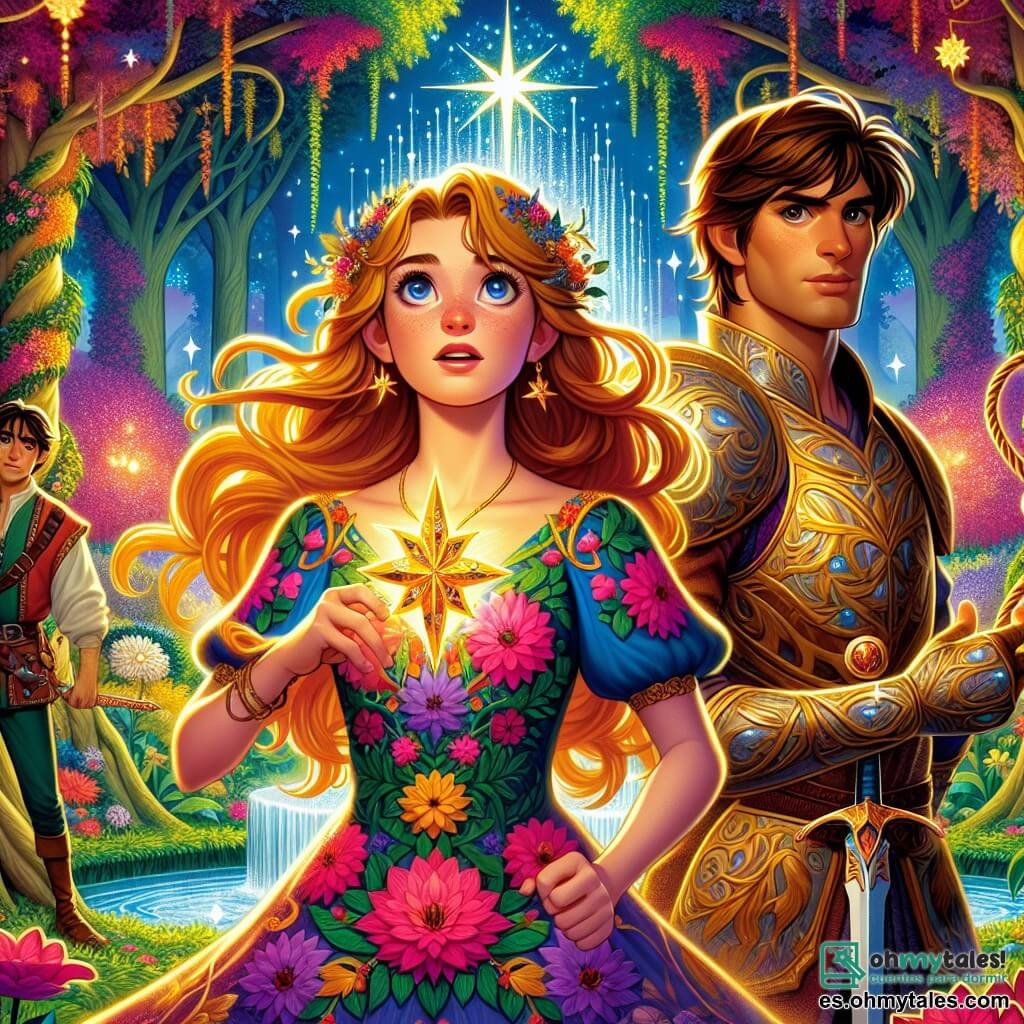 Elara, una joven con cabello dorado y ojos azules brillantes, se encuentra en el centro de un jardín mágico, sonriendo con asombro. Lleva un vestido ligero de colores vivos con motivos florales y sostiene un medallón en forma de estrella. A su lado, Aquiles, un hombre fuerte de unos 30 años con armadura brillante y cabello castaño, la protege con una espada reluciente y una mirada decidida. Un poco más lejos, Teseo, un joven de unos 25 años con cabello negro y ojos oscuros, observa a Elara con admiración, vestido con una túnica simple y sosteniendo una cuerda, símbolo de su inteligencia. El jardín está lleno de flores brillantes, árboles dorados y una fuente resplandeciente que emite agua clara. Elara, rodeada de sus amigos, está lista para enfrentar un desafío mágico con criaturas fantásticas y sombras misteriosas de fondo, simbolizando las aventuras que la esperan.