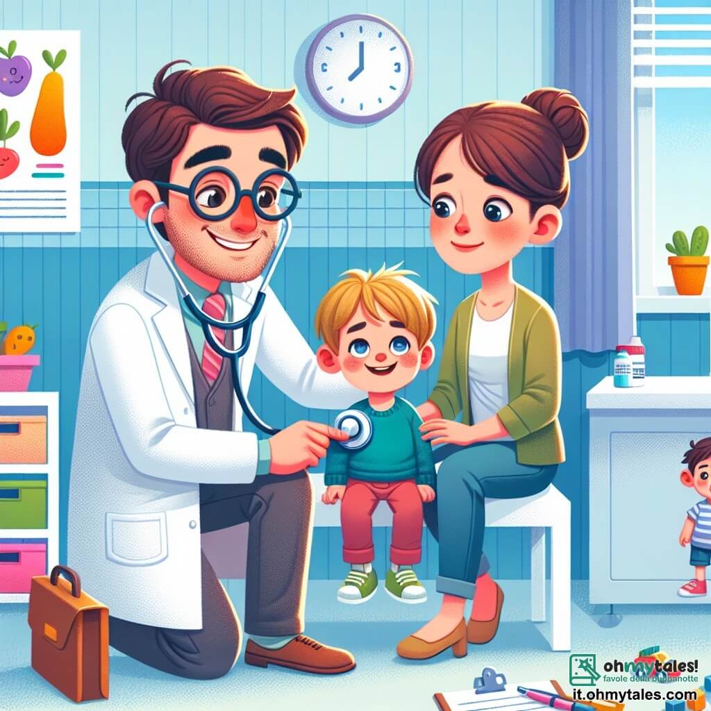 Un medico uomo, il dottor Paolo, sorridente e benevolo, indossa un camice bianco e un stetoscopio al collo. Ha i capelli castani e occhiali tondi, e ascolta attentamente il cuore di un bambino di circa 5 anni, Luca, che ha i capelli biondi e gli occhi azzurri. Luca è seduto su un tavolo di visita, un po' timido ma sorridente. Nella stanza c'è anche la mamma di Luca, una donna di una trentina d'anni, con capelli castani e un sorriso rassicurante, che tiene la mano di suo figlio. La sala di consultazione è luminosa, con pareti dipinte di azzurro chiaro, poster colorati di frutta e verdura, e giocattoli sparsi sul pavimento. La scena principale mostra il dottor Paolo mentre esamina Luca, che tossisce leggermente, mentre la mamma osserva con uno sguardo pieno d'amore e preoccupazione.