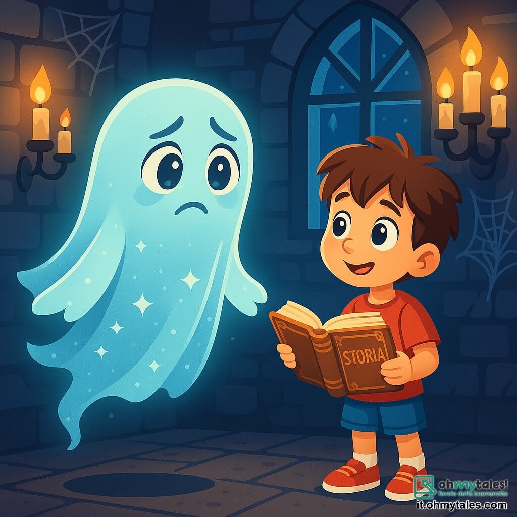 Un fantasma translucido, con un'aura dolce e luminosa, fluttua nell'aria. Il suo viso è triste ma pieno di speranza, con grandi occhi brillanti e un sorriso timido. Indossa un drappeggio etereo che scintilla come stelle. Accanto a lui c'è Matteo, un ragazzo di 10 anni con capelli castani disordinati e occhi pieni di curiosità. Indossa una maglietta rossa e pantaloni corti blu, tiene un libro antico tra le mani, guardando il fantasma con un misto di meraviglia e compassione. La scena si svolge nel misterioso Castello degli Spiriti, con muri di pietra grigia, ragnatele sospese negli angoli e candelabri tremolanti che proiettano ombre danzanti. Finestre rotte lasciano entrare una luce lunare che illumina la stanza con un bagliore magico. Il fantasma e Matteo si trovano faccia a faccia, condividendo un momento di connessione, mentre il fantasma esprime il desiderio di non spaventare più le persone. L'atmosfera è tesa ma piena di speranza, con un tocco di magia nell'aria.