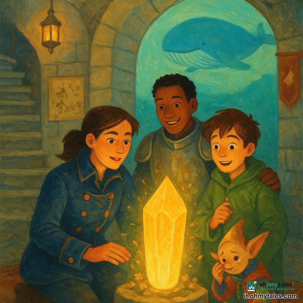 Livia, capitano dai capelli castani raccolti e volto deciso e tenero, è inginocchiata davanti a un grande cristallo luminoso con la mano appoggiata sopra, lo sguardo meravigliato e fiducioso; dietro di lei Nello, ragazzo di circa 12 anni con capelli scompigliati e un cappotto verde troppo grande, sorride sorpreso tenendo una piccola chiave dorata; accanto a loro Sir Brando, cavaliere trentenne con armatura graffiata e elmo sotto il braccio, ride piano posando una mano rassicurante sulla spalla di Nello; alla base del cristallo siede Lume, un folletto esile con lungo mantello colorato, orecchie appuntite e occhi brillanti, timido ma sollevato mentre asciuga una lacrima con una foglia; sullo sfondo, attraverso una grande finestra-oceno, nuota lentamente Menta, una balena amichevole dal grande sorriso e baffi sottili; il luogo è una torre circolare di pietra bianca con scala a chiocciola, lanterne che diffondono aloni caldi, tappeti consumati e mappe appese; al momento in cui cantano insieme il cristallo si accende di un oro caldo che inonda la stanza e fa apparire minuscoli fiori sui gradini, creando un'atmosfera magica, calda e eroica con colori vivaci e texture spesse che ricordano la gouache.