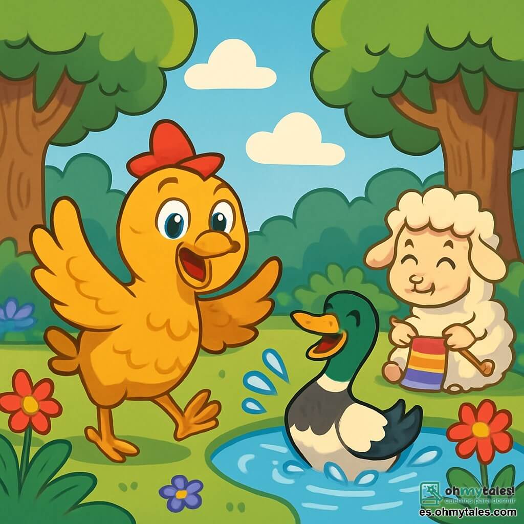 Una gallina alegre llamada Pepita, con plumas doradas y un pequeño sombrero rojo, salta de alegría en medio de un claro soleado, con sus ojos brillando de curiosidad. A su lado, un pato llamado Ramón, con plumas blancas y negras, salpica el agua de un estanque cercano, riendo con entusiasmo. Más lejos, una dulce oveja llamada Lola, con lana rizada y una cálida sonrisa, admira flores coloridas mientras teje una bufanda. El lugar es un bosque encantado, lleno de árboles de troncos gruesos, flores brillantes y un cielo azul salpicado de nubes esponjosas. Pepita y sus amigos están listos para explorar las maravillas del bosque, ansiosos por descubrir animales que hablan y historias divertidas para compartir.