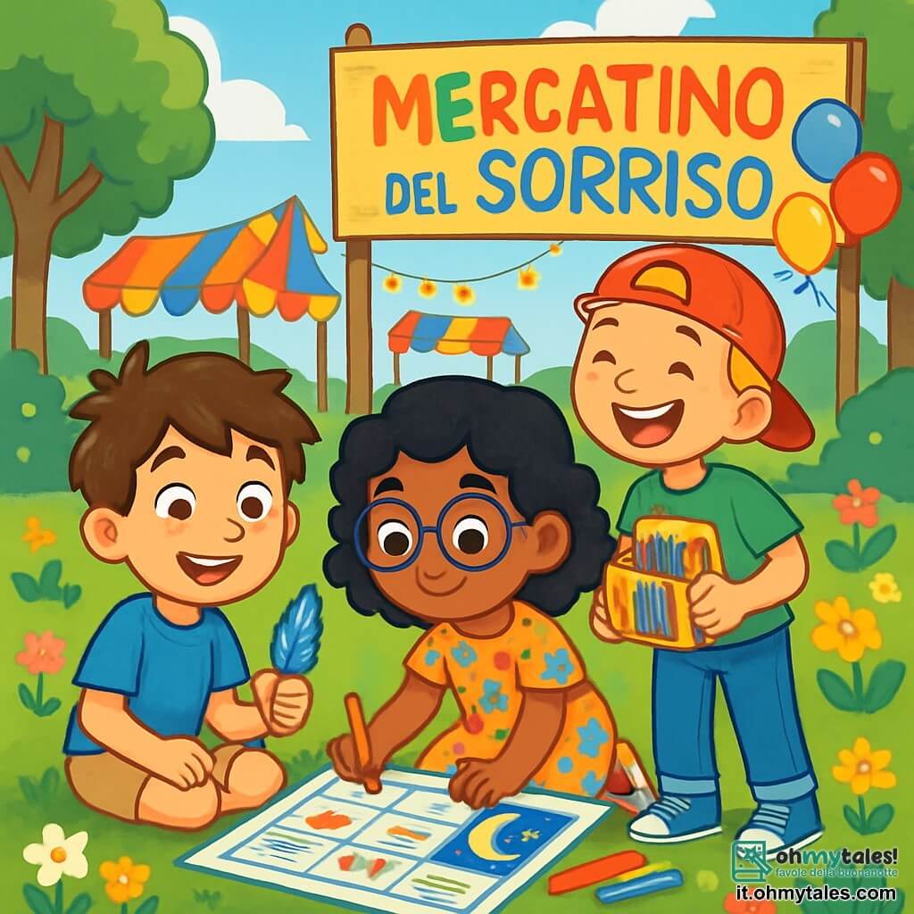 Ci sono 3 personaggi: Sami, un ragazzo di 10 anni con capelli castani disordinati e occhi vivaci, indossa una maglietta blu e pantaloni corti beige, seduto sull'erba con un sorriso e una piccola piuma azzurra in mano; Amina, una ragazza di 9 anni con capelli neri ricci e occhiali rotondi, indossa un vestito colorato con motivi floreali, accanto a Sami mentre disegna su un grande calendario con pastelli colorati; Leo, un ragazzo di 10 anni con capelli biondi corti e un cappellino da baseball rosso al contrario, indossa una maglietta verde e jeans, in piedi dietro Sami e Amina, ride e tiene una scatola di pastelli colorati. La scena si svolge in un parco verdeggiante, pieno di fiori brillanti e alberi frondosi, con un cielo blu chiaro e nuvole bianche. Una grande insegna colorata dice "Mercatino del Sorriso", con stand decorati da festoni luminosi e palloncini colorati. I tre amici stanno preparando il loro stand per il mercatino, creando disegni e oggetti da vendere, condividendo sorrisi e risate, illustrando la magia dell'amicizia e delle buone azioni durante il Ramadan.